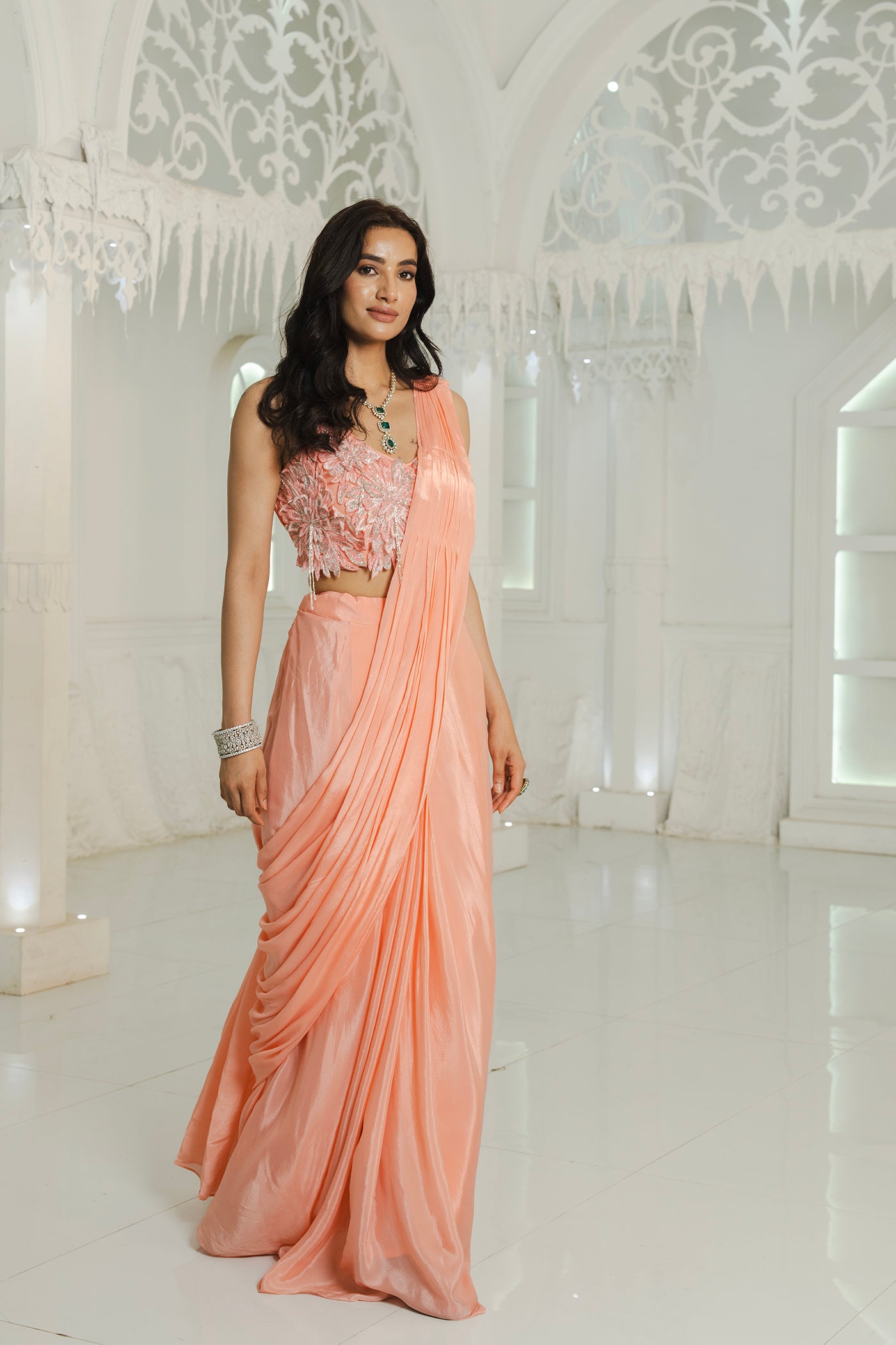 Peach Coral Ready-to-Wear Saree with Embellished Blouse(RTS)