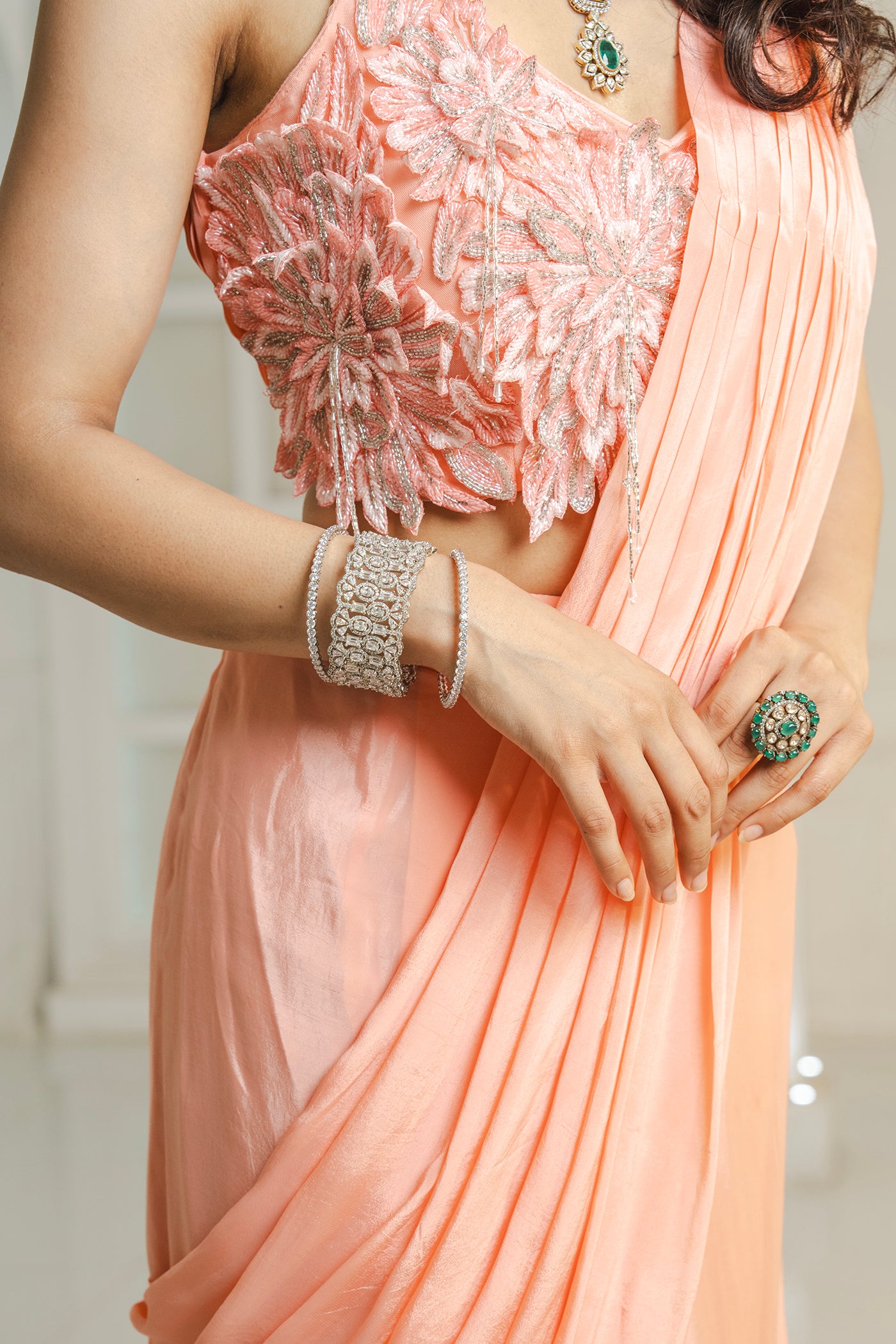 Peach Coral Ready-to-Wear Saree with Embellished Blouse(RTS)