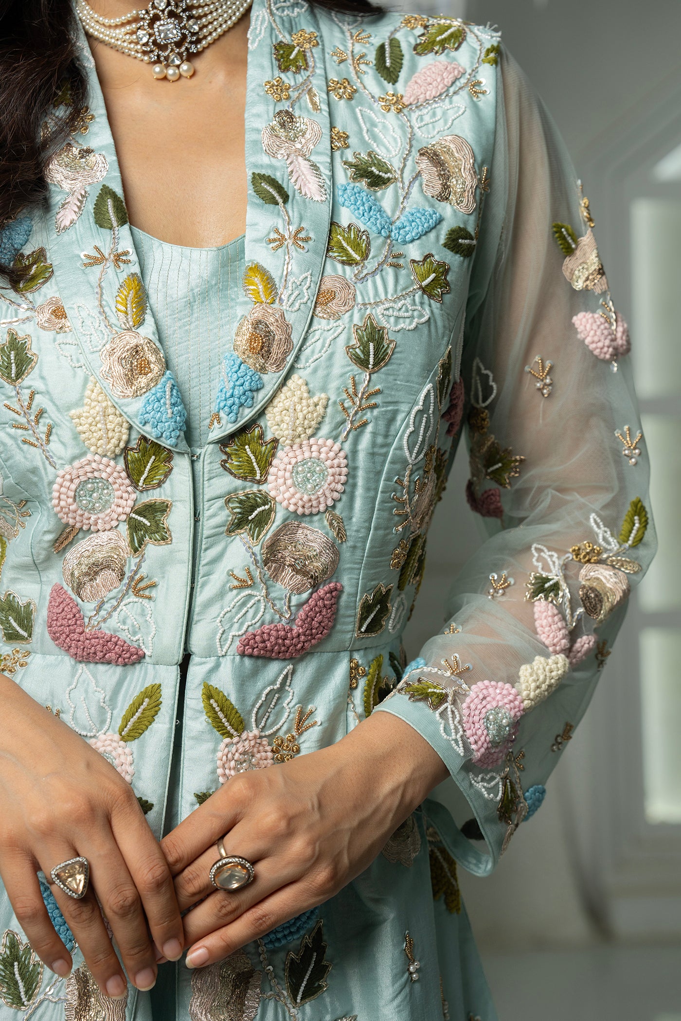 Powder Blue Readymade Overcoat Set with Embroidered Sheer Jacket