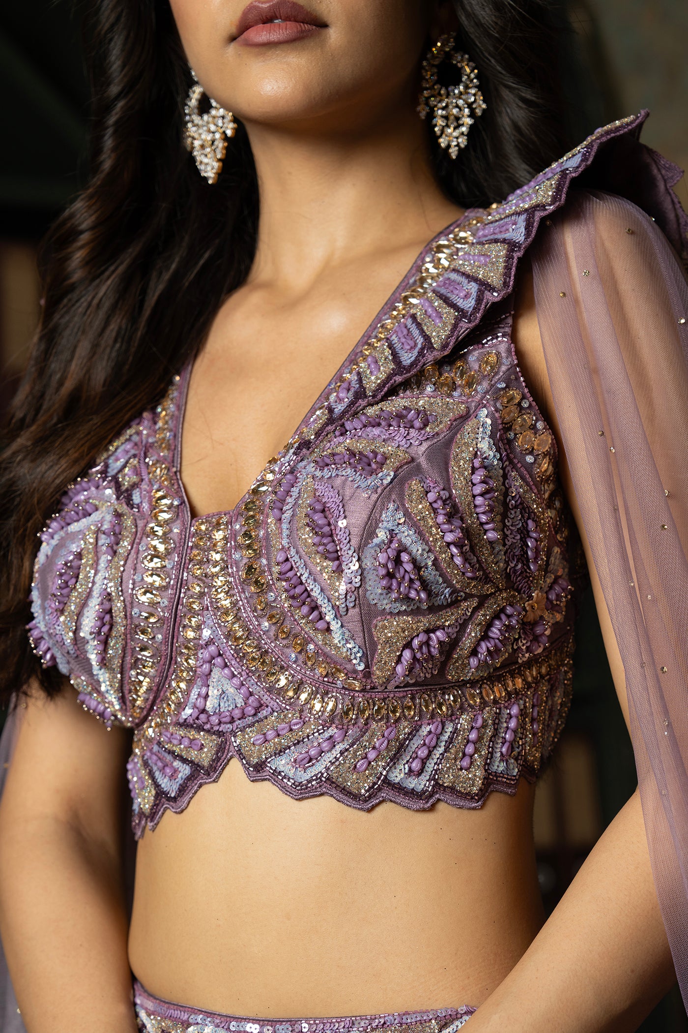 Lavender Embellished Ghagra Set with Cape Sleeves and Floral Motivs