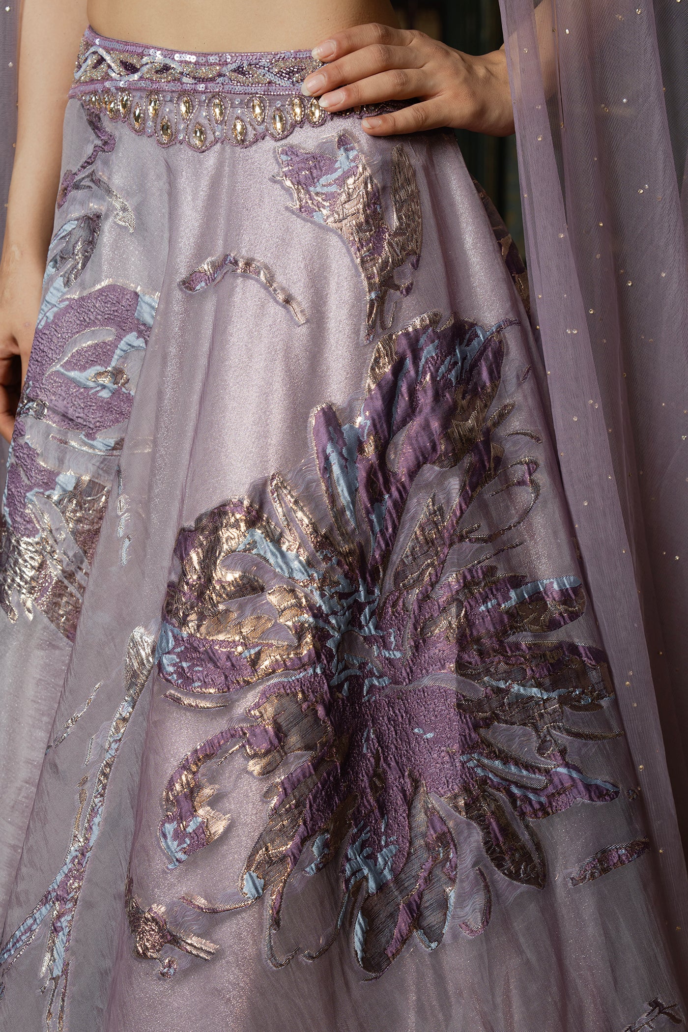 Lavender Embellished Ghagra Set with Cape Sleeves and Floral Motivs(RTS)