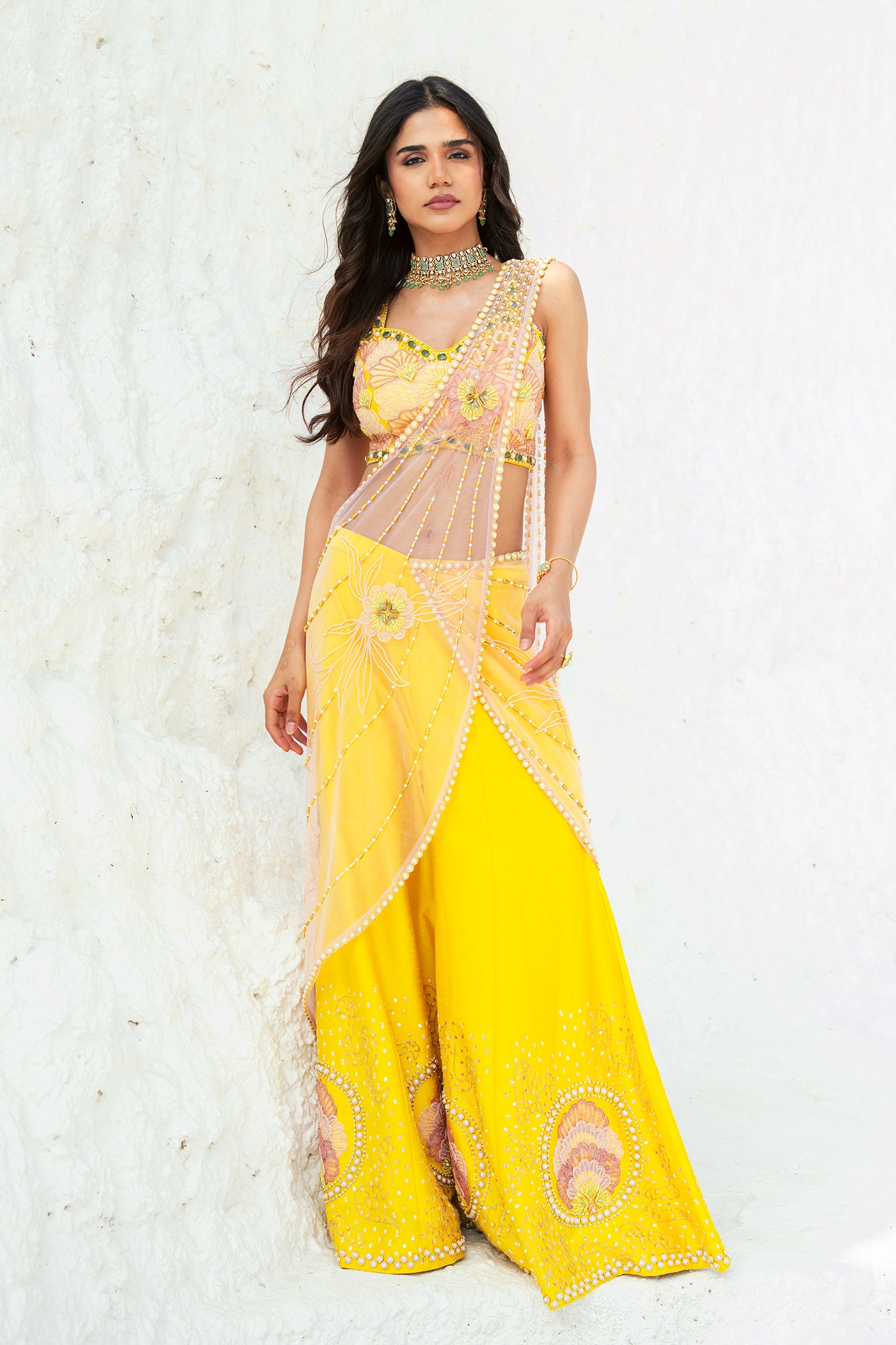 Sunshine Yellow Ready made suit with Embroidered Blouse & Net Drape(RTS)