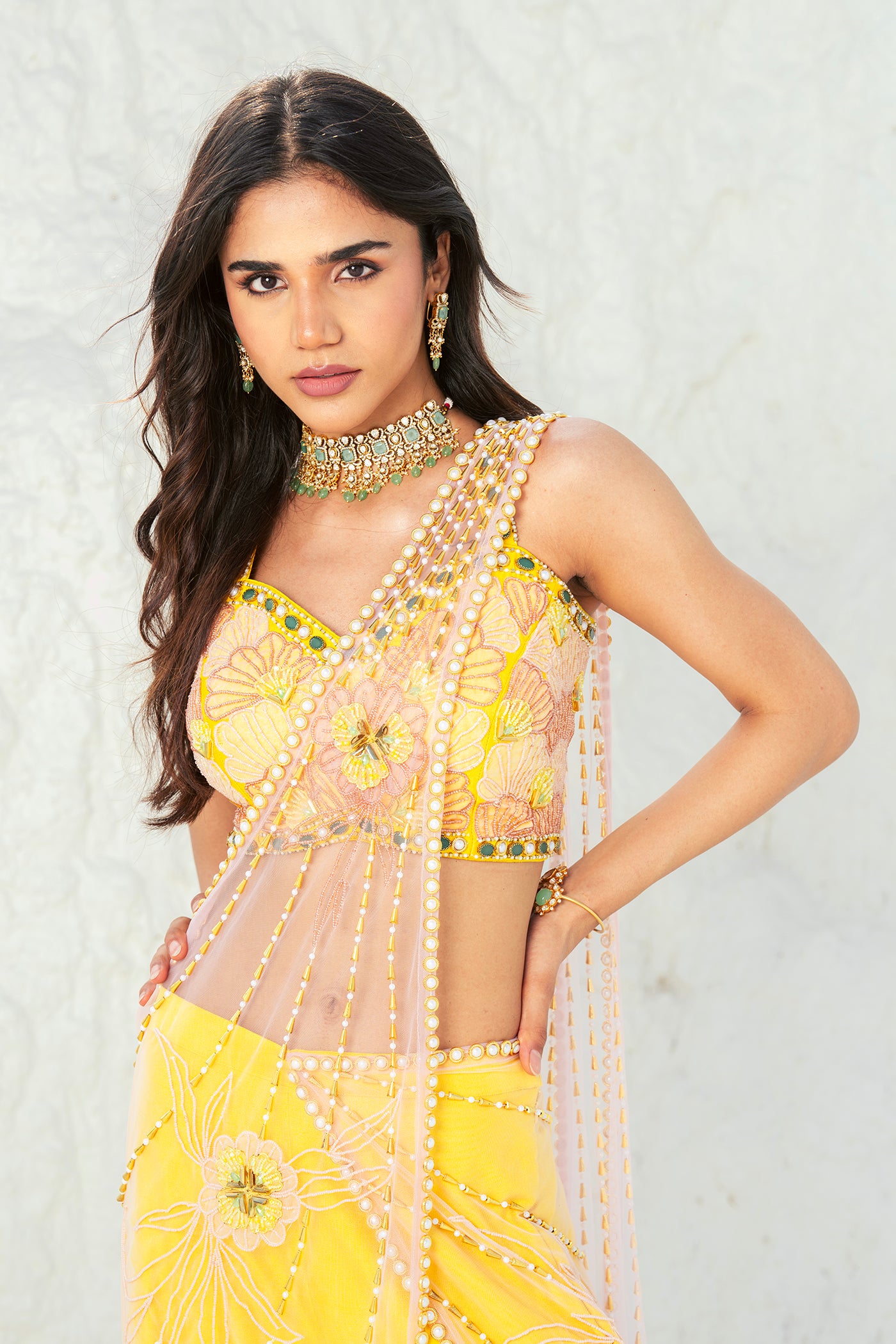 Sunshine Yellow Ready made suit with Embroidered Blouse & Net Drape(RTS)