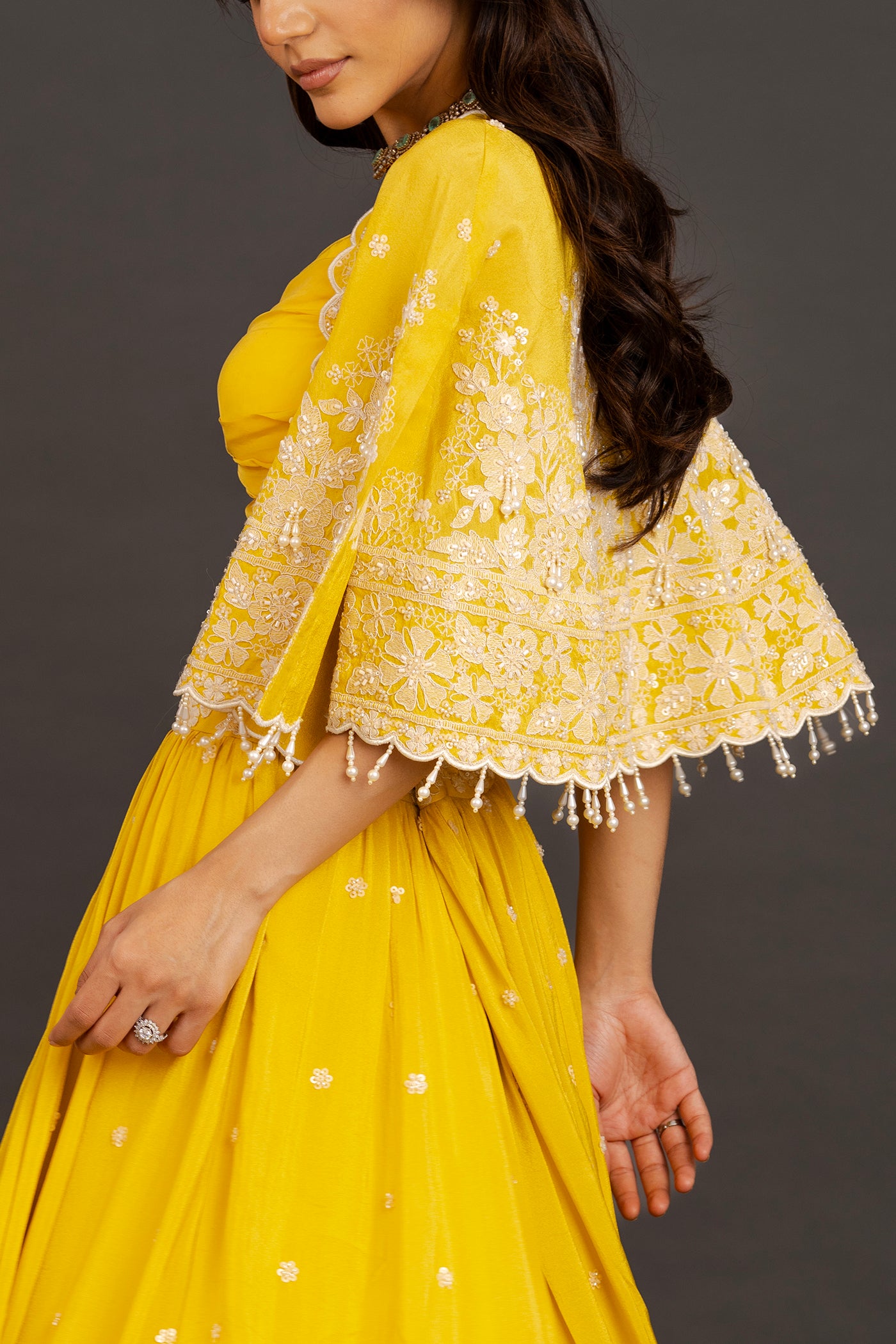 Vibrant yellow lehanga with cape (RTS)