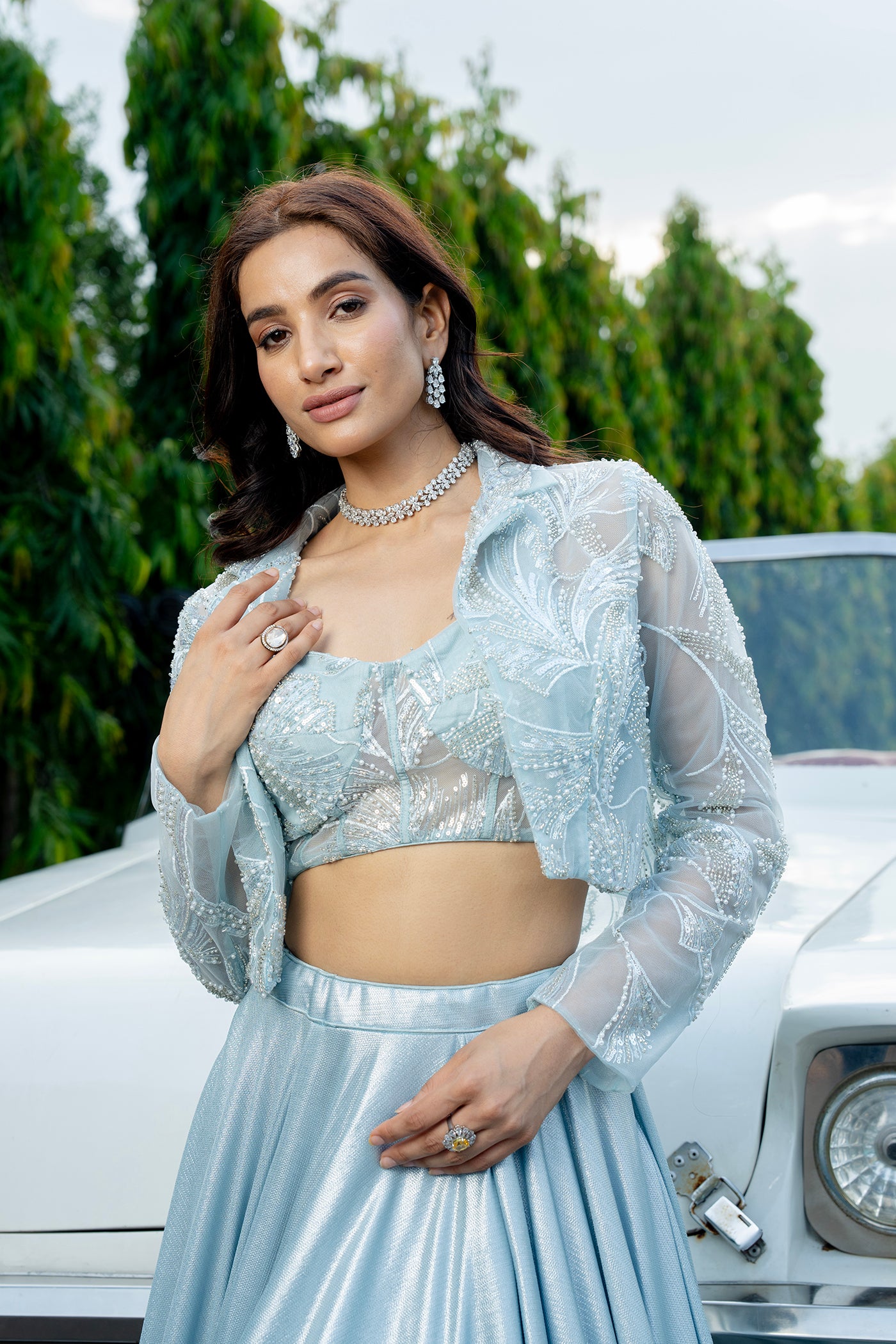 Icy Blue Embellished Ghagra Set with Sheer Cape Jacket(RTS)