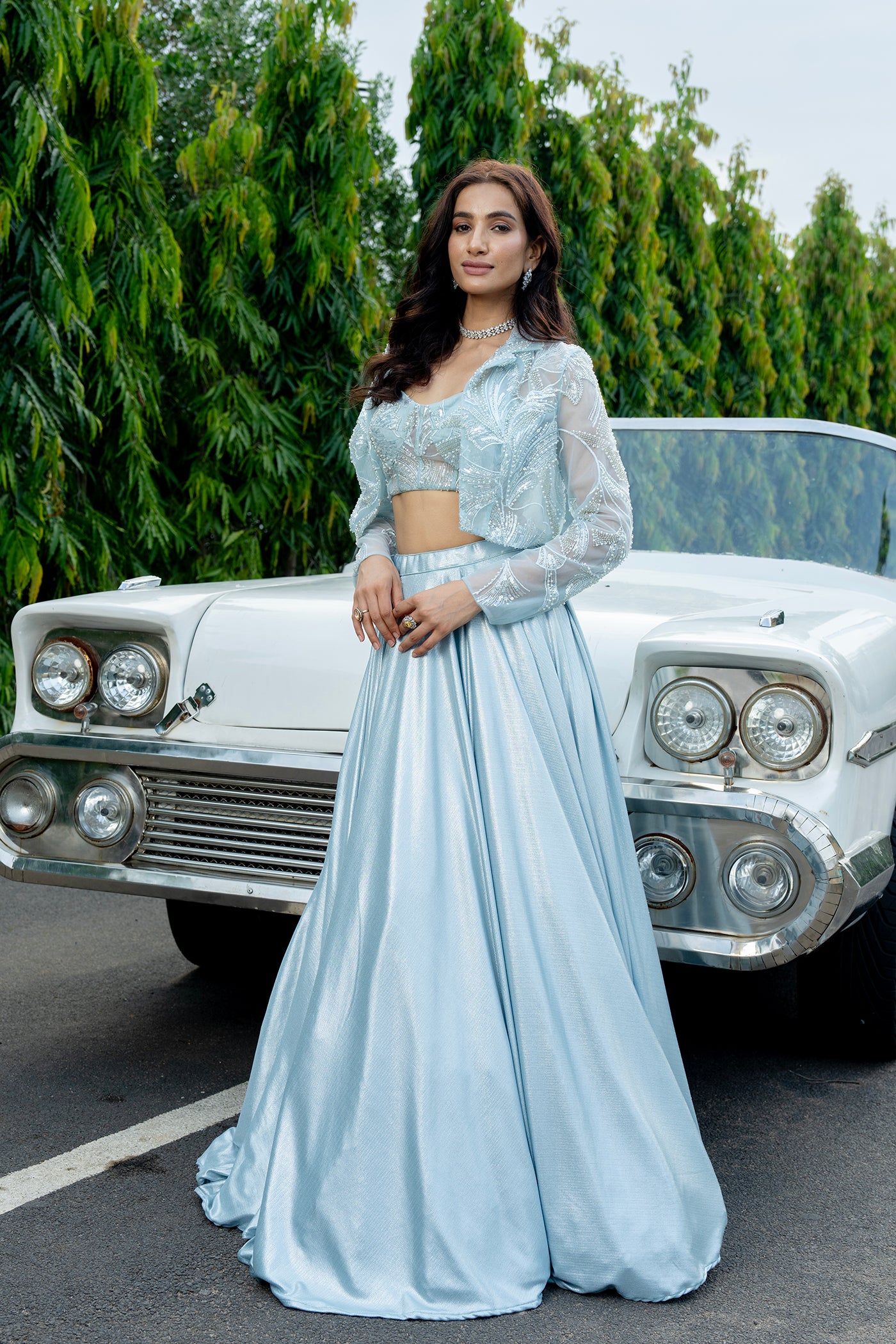 Icy Blue Embellished Ghagra Set with Sheer Cape Jacket