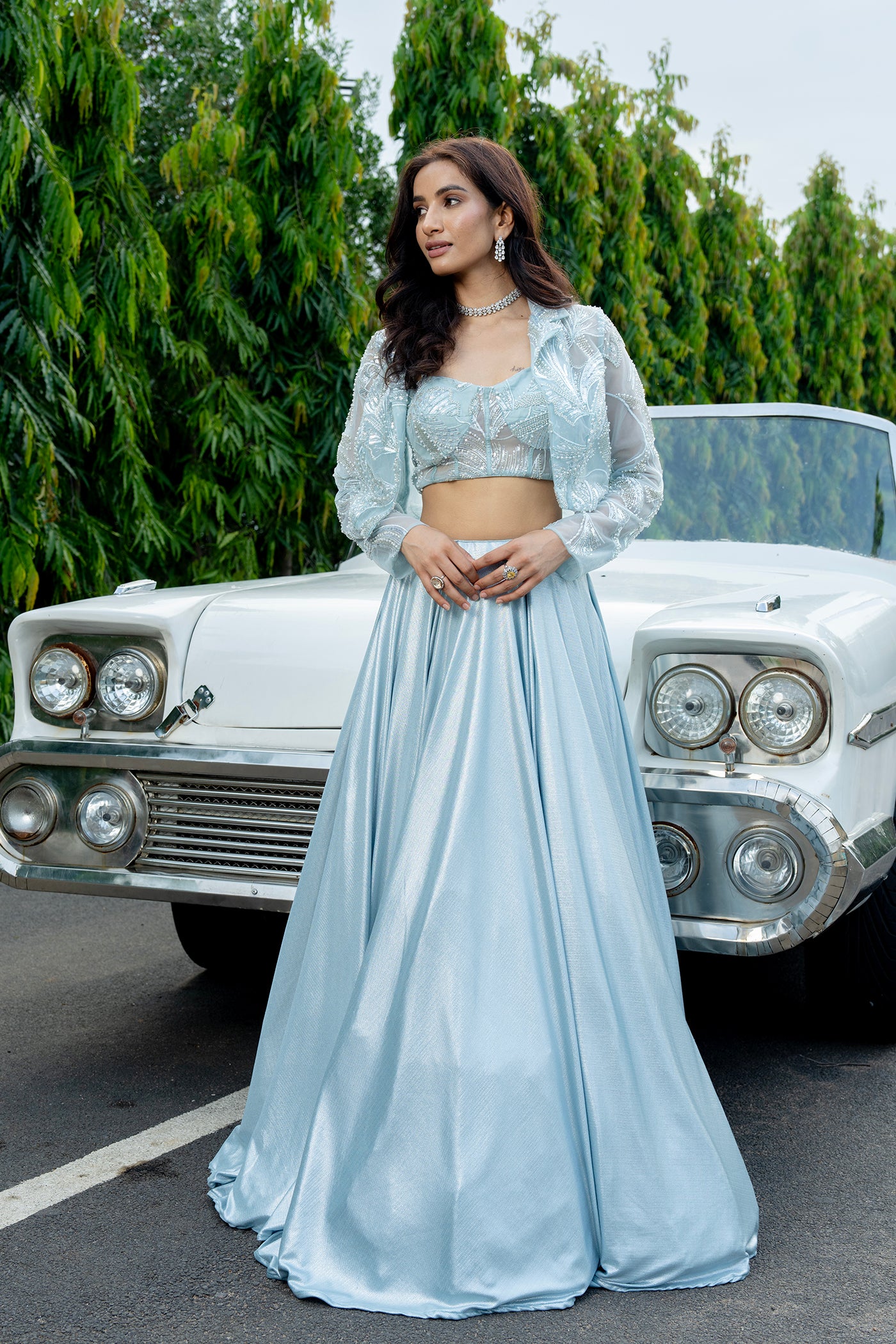 Icy Blue Embellished Ghagra Set with Sheer Cape Jacket