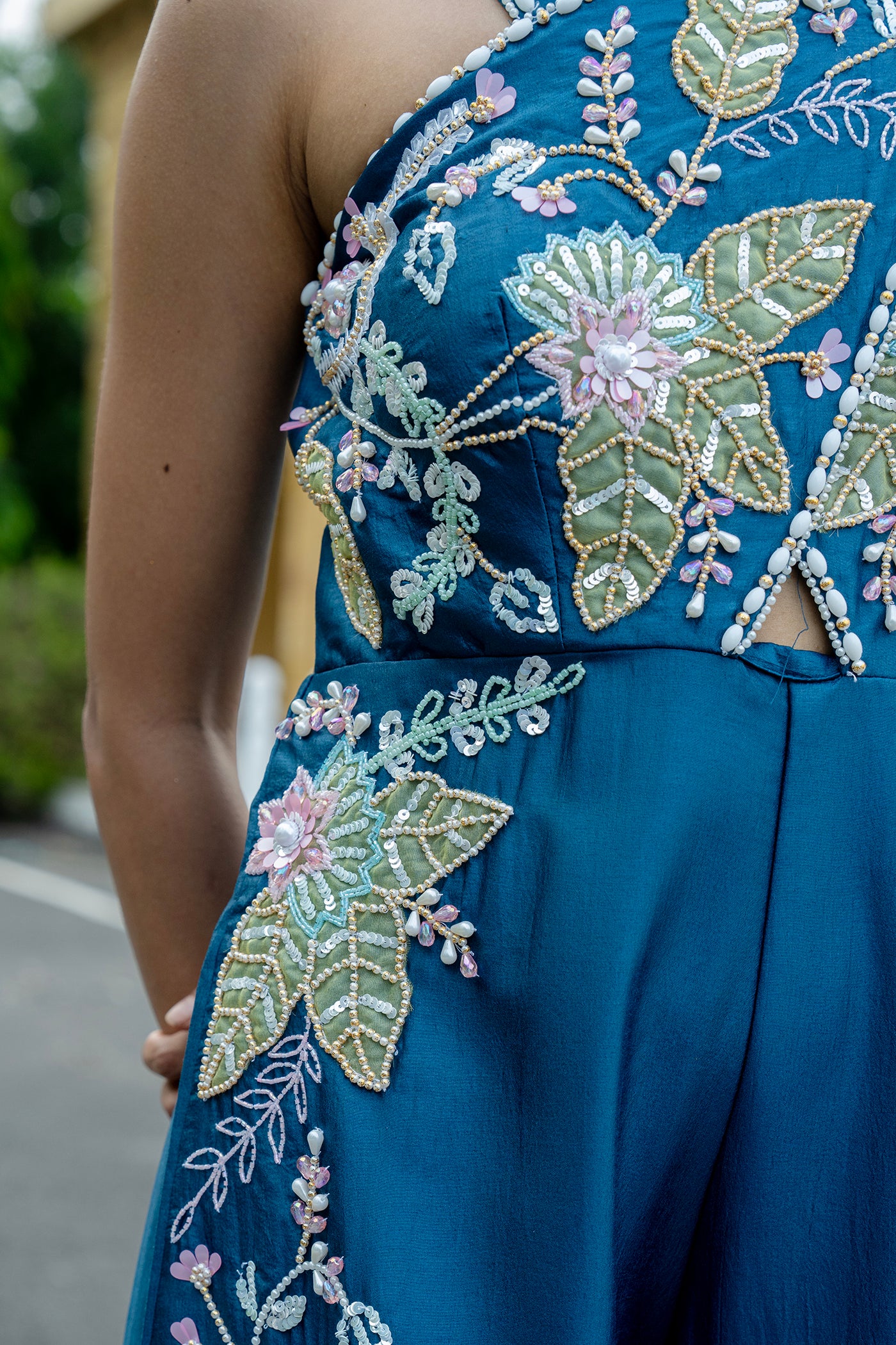 Teal Blue Embroidered Jumpsuit with Pearl Detailing(RTS)