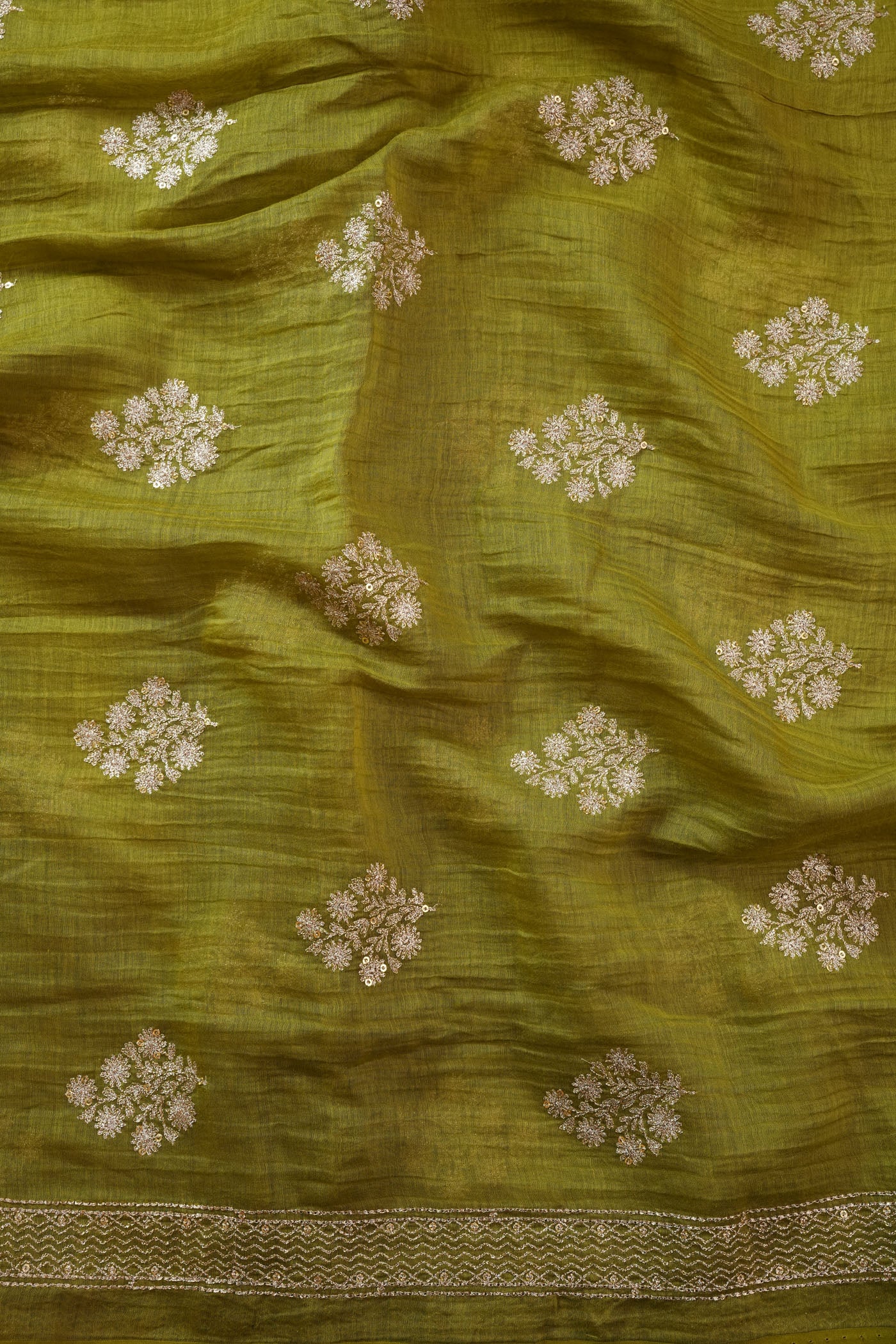 Olive Green Fabric with Golden Zari Buta and Border Detailing