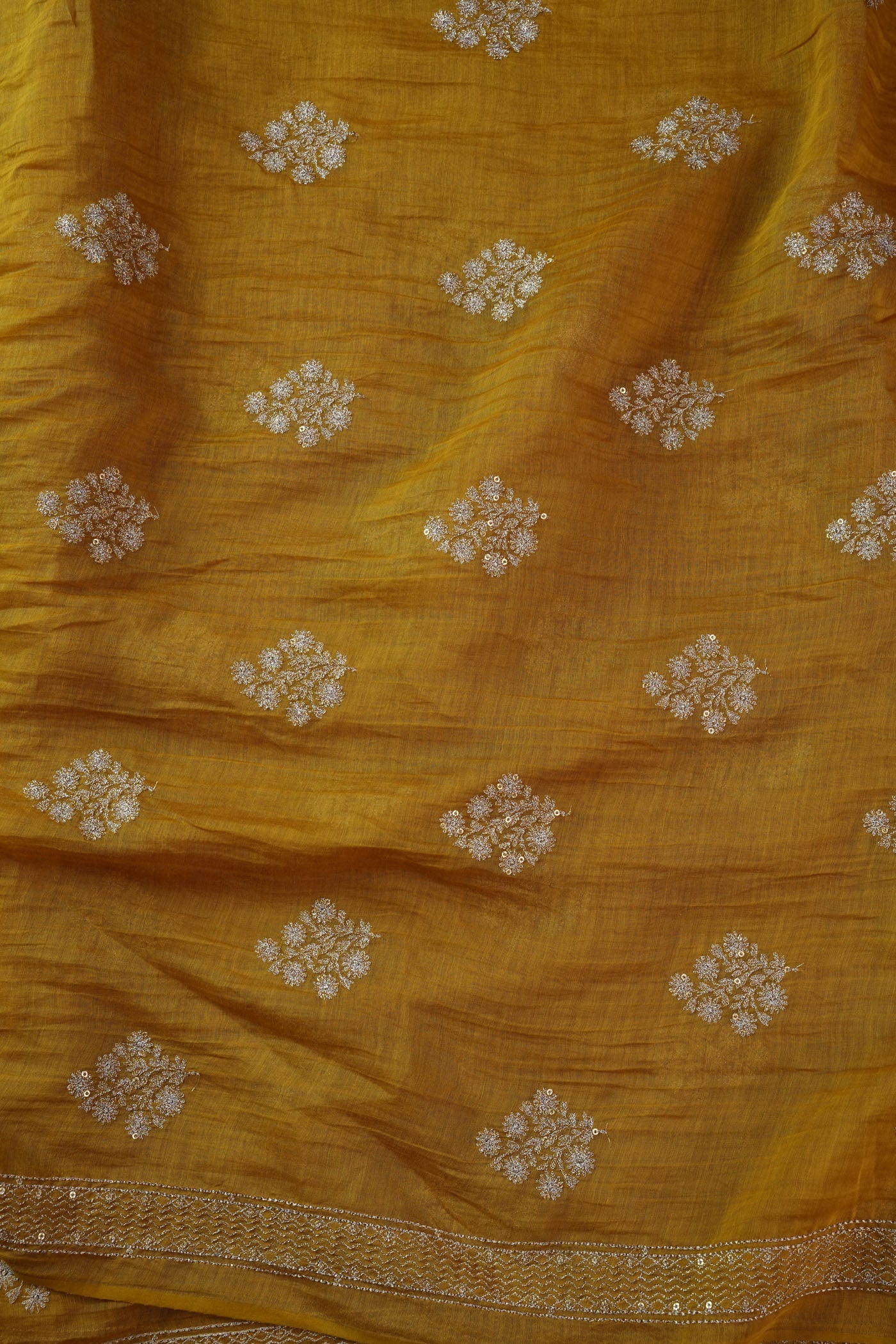 Mustard Yellow Fabric with Golden Zari Buta and Border Detailing