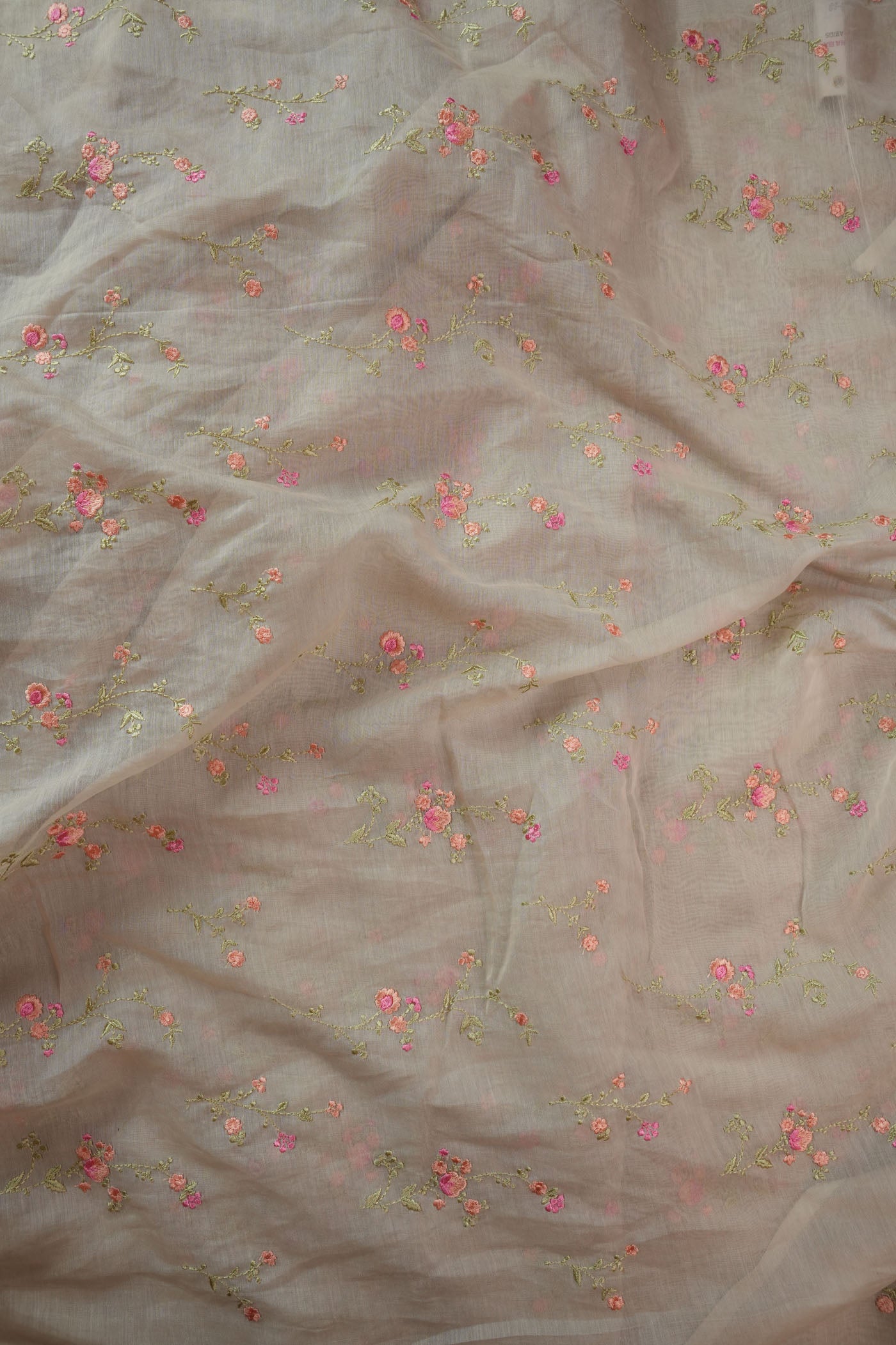 Soft Beige Fabric with Delicate Pink Floral Embroidery