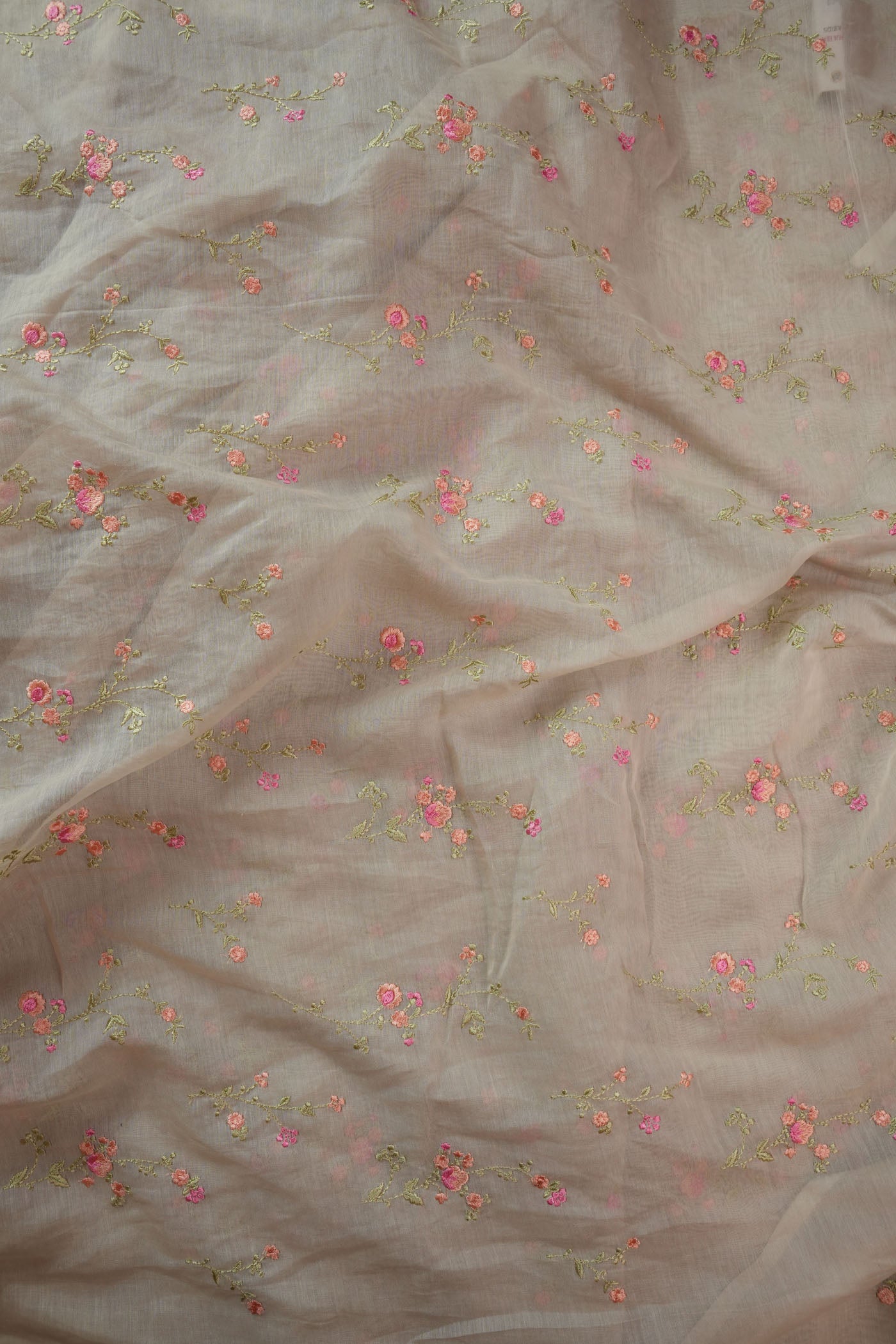 Soft Beige Fabric with Delicate Pink Floral Embroidery