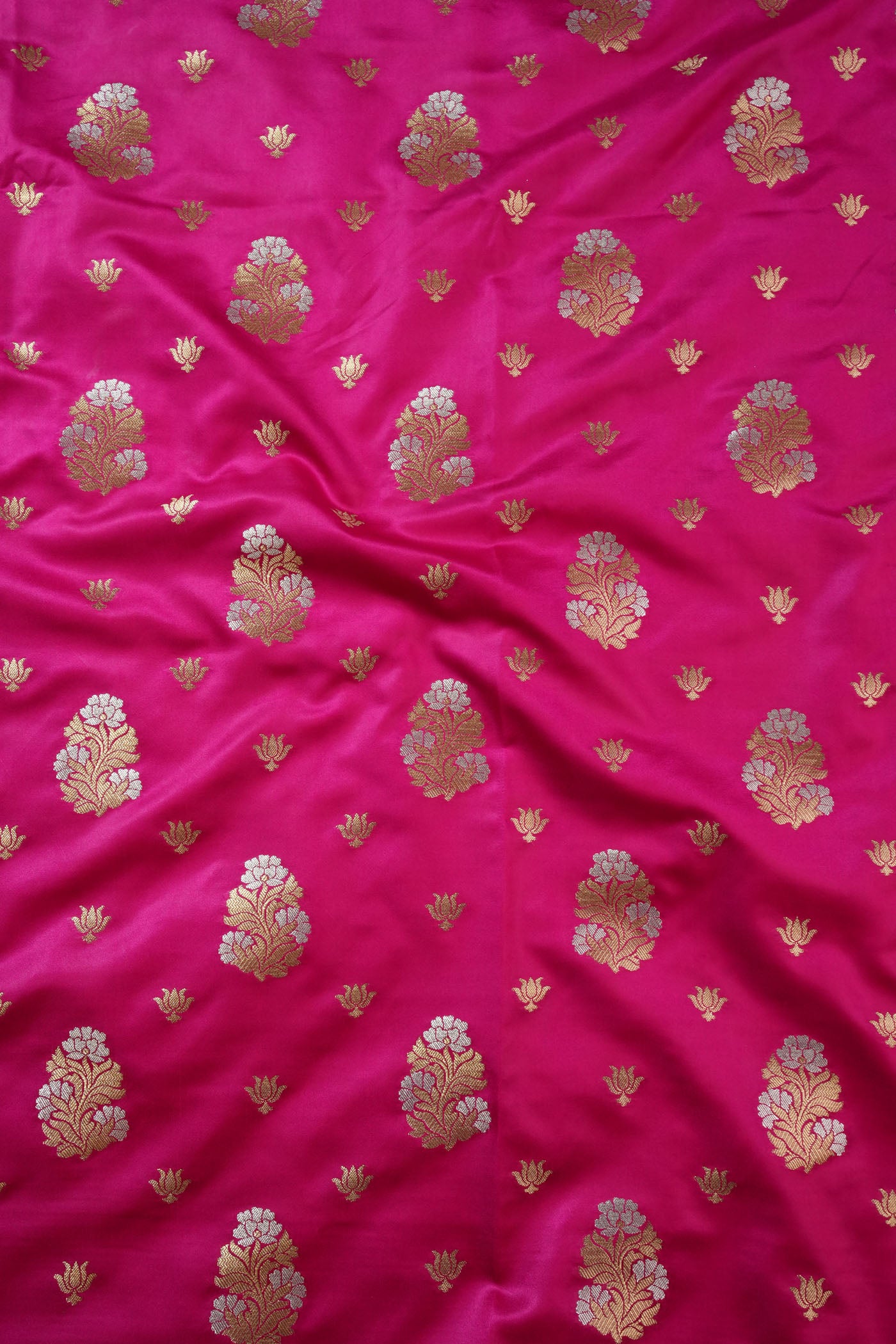 Hot Pink Fabric with Golden Zari Floral Buta