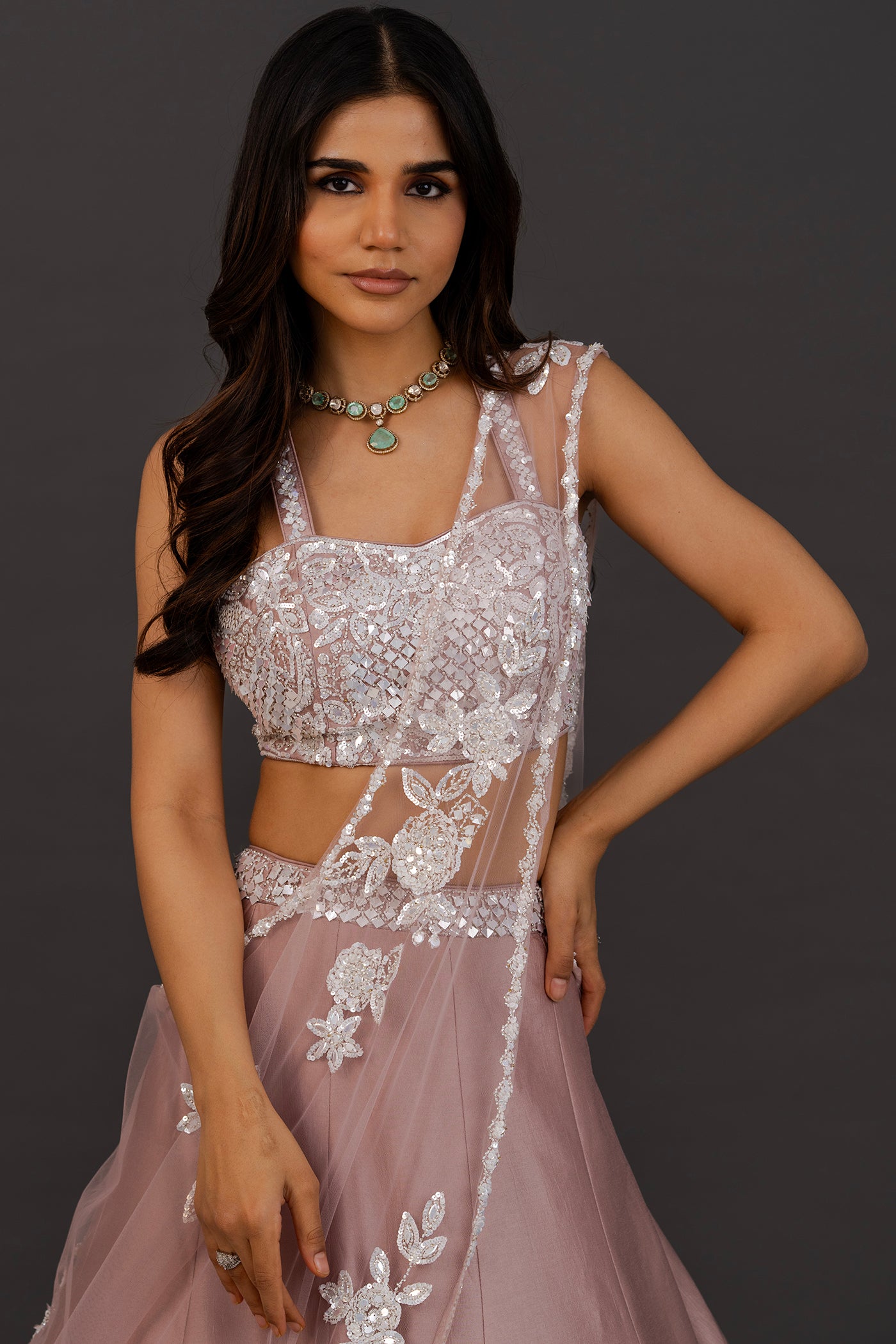 Rose lehanga set with cream dupatta