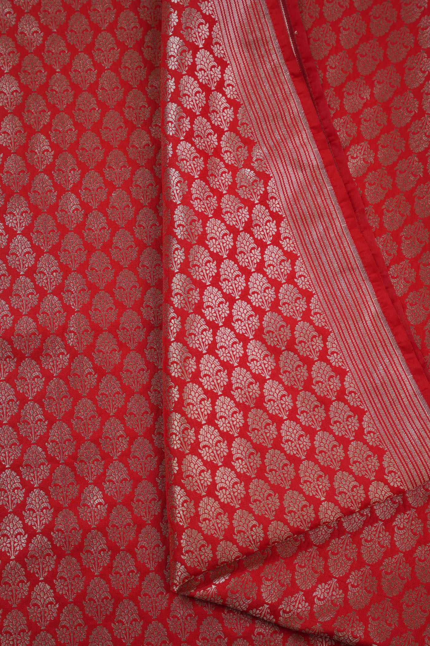 Red Banarasi Brocade Fabric with Silver Floral Motifs