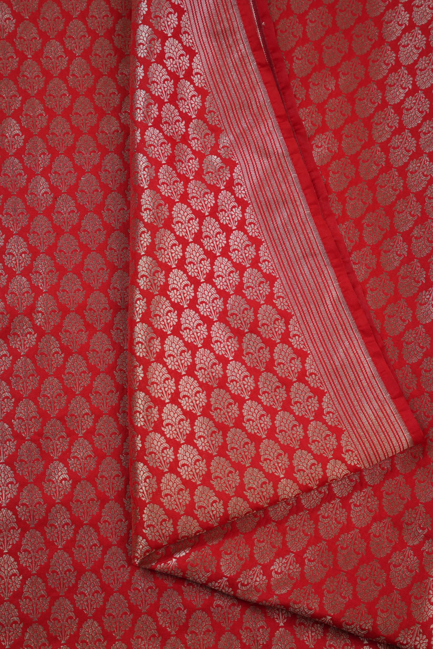 Red Banarasi Brocade Fabric with Silver Floral Motifs