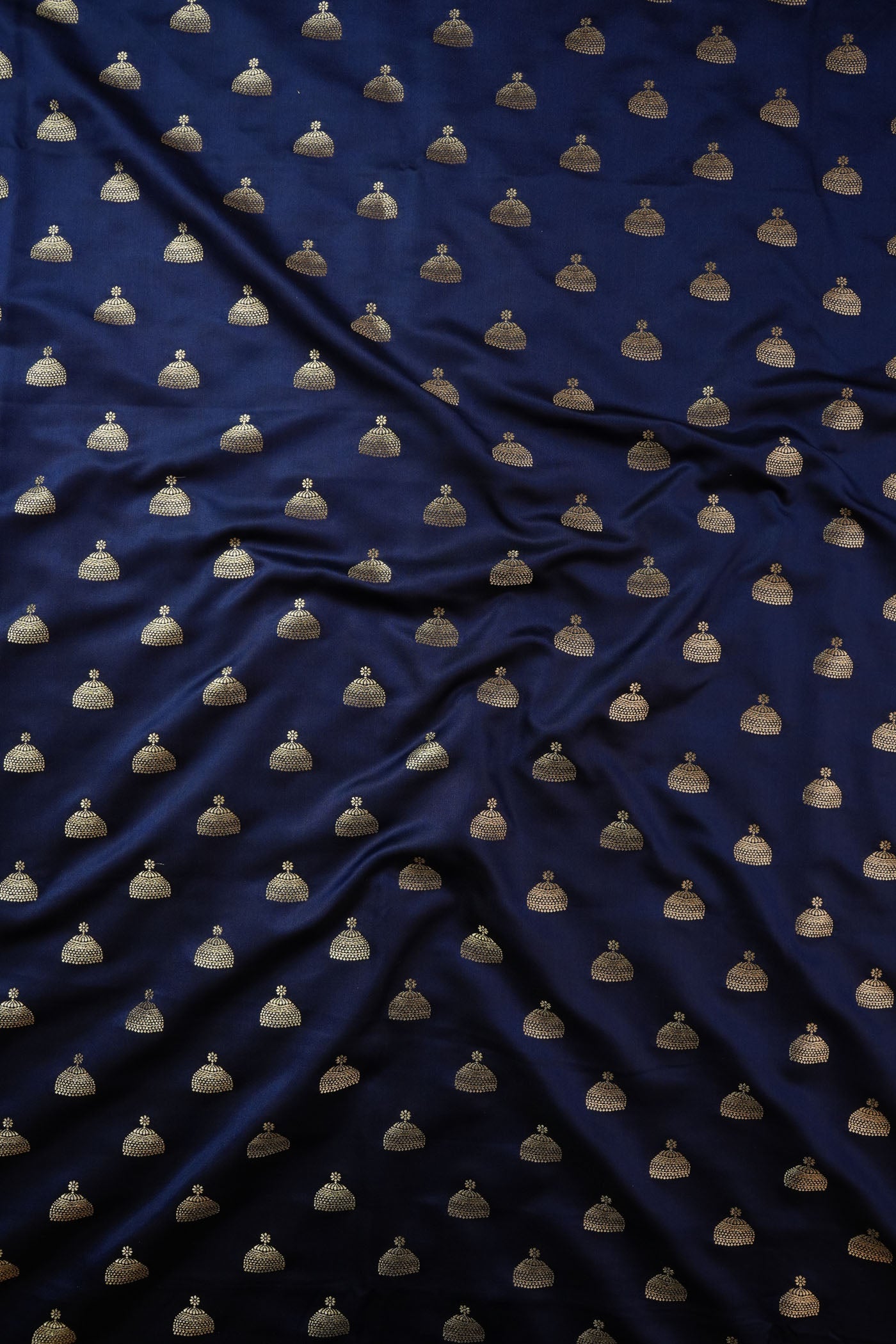 Navy Blue Silk Fabric with Golden Woven Motifs