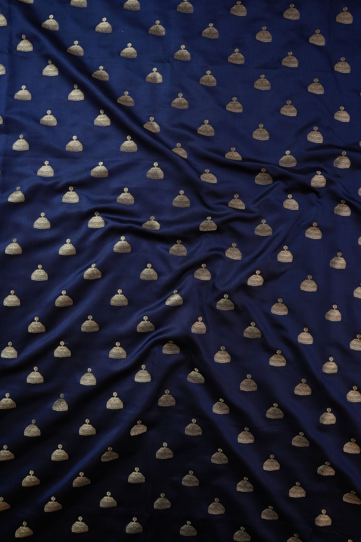 Navy Blue Silk Fabric with Golden Woven Motifs