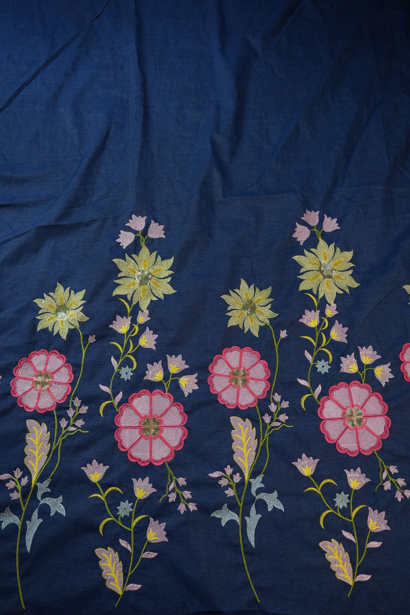 Navy Blue Fabric with Multicolor Floral Embroidery