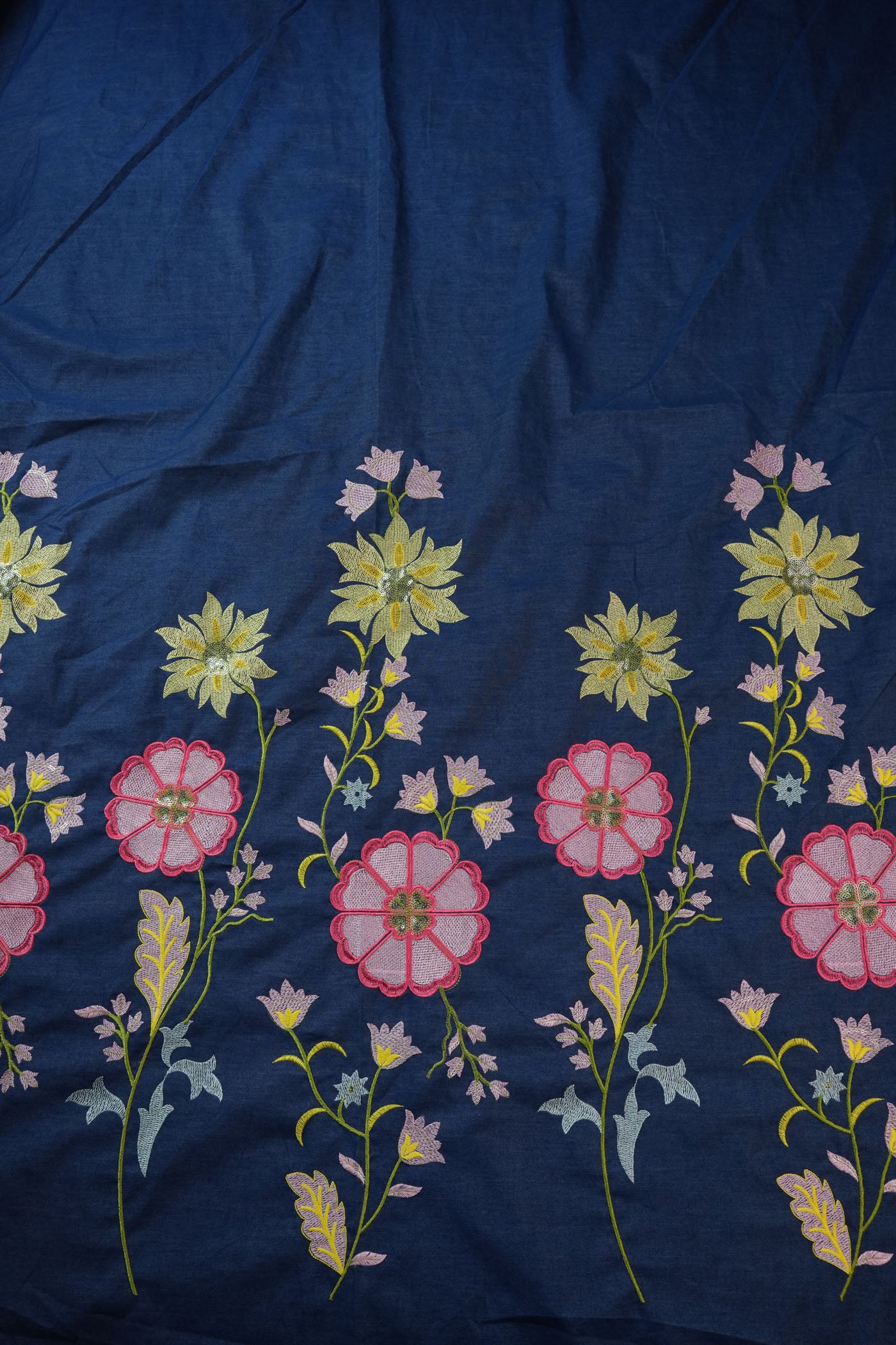 Navy Blue Fabric with Multicolor Floral Embroidery