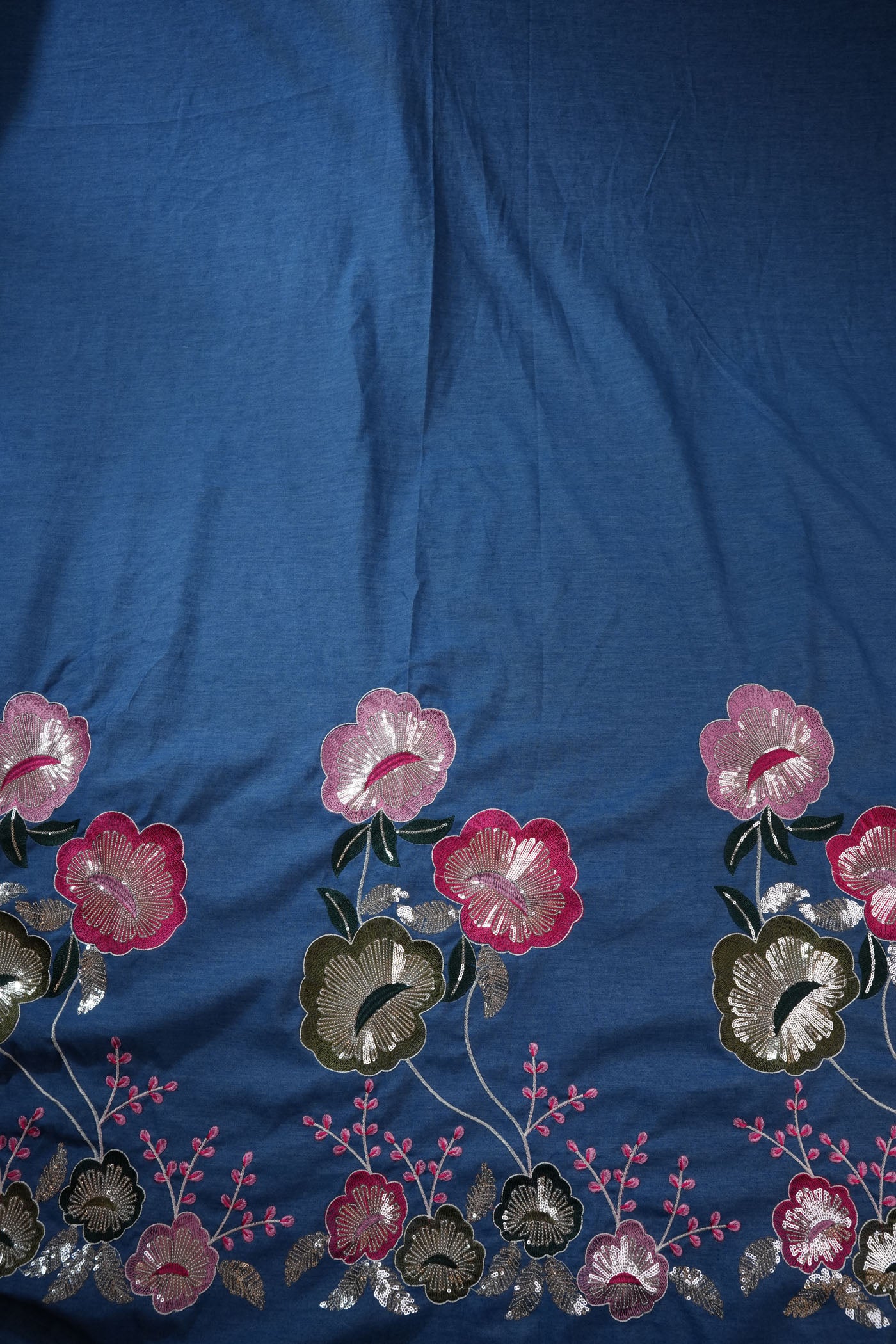 Blue Fabric with Bold Multicolor Floral Embroidery