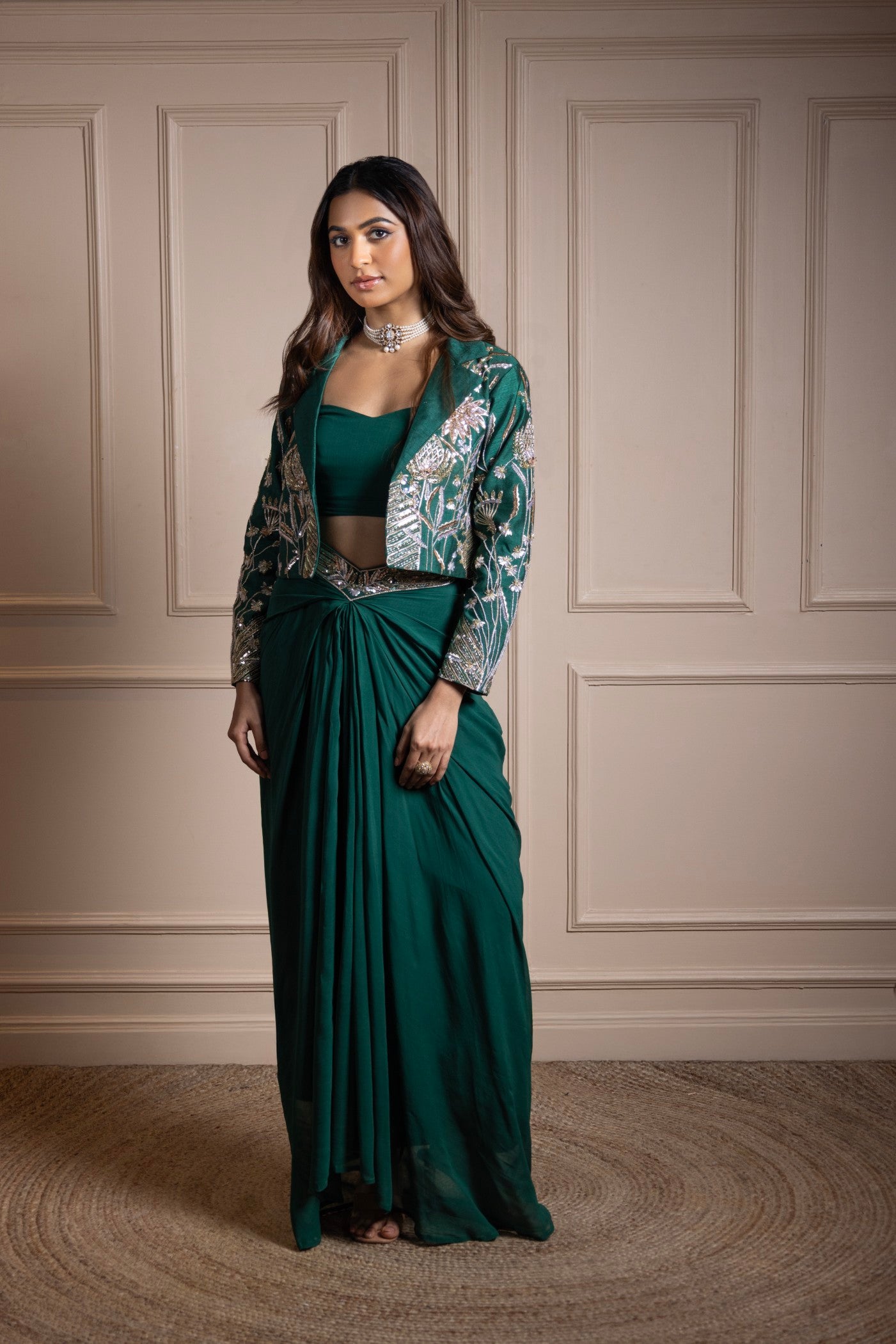 Emerald Enchanté Embroidered Jacket Ensemble (RTS)