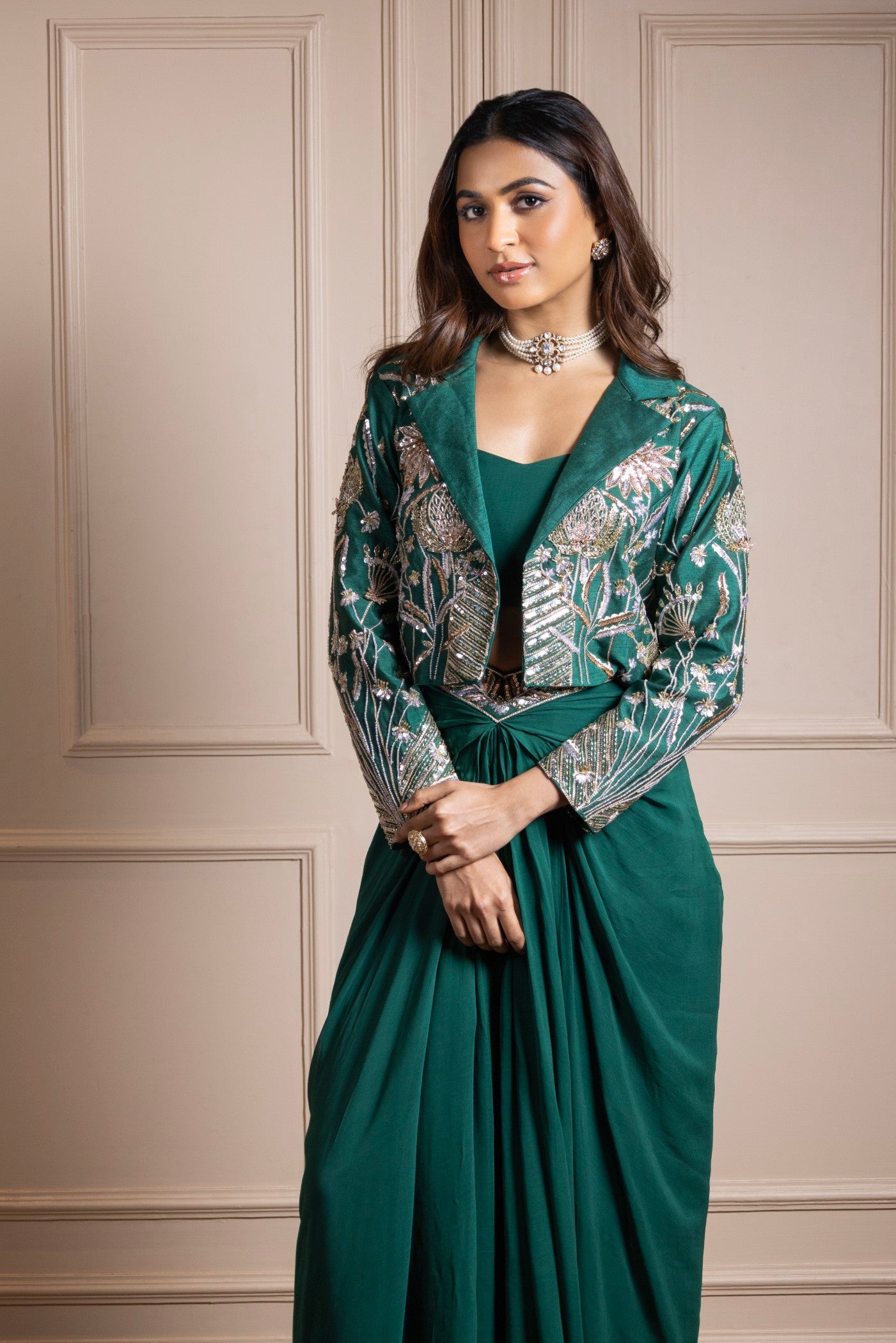 Emerald Enchanté Embroidered Jacket Ensemble