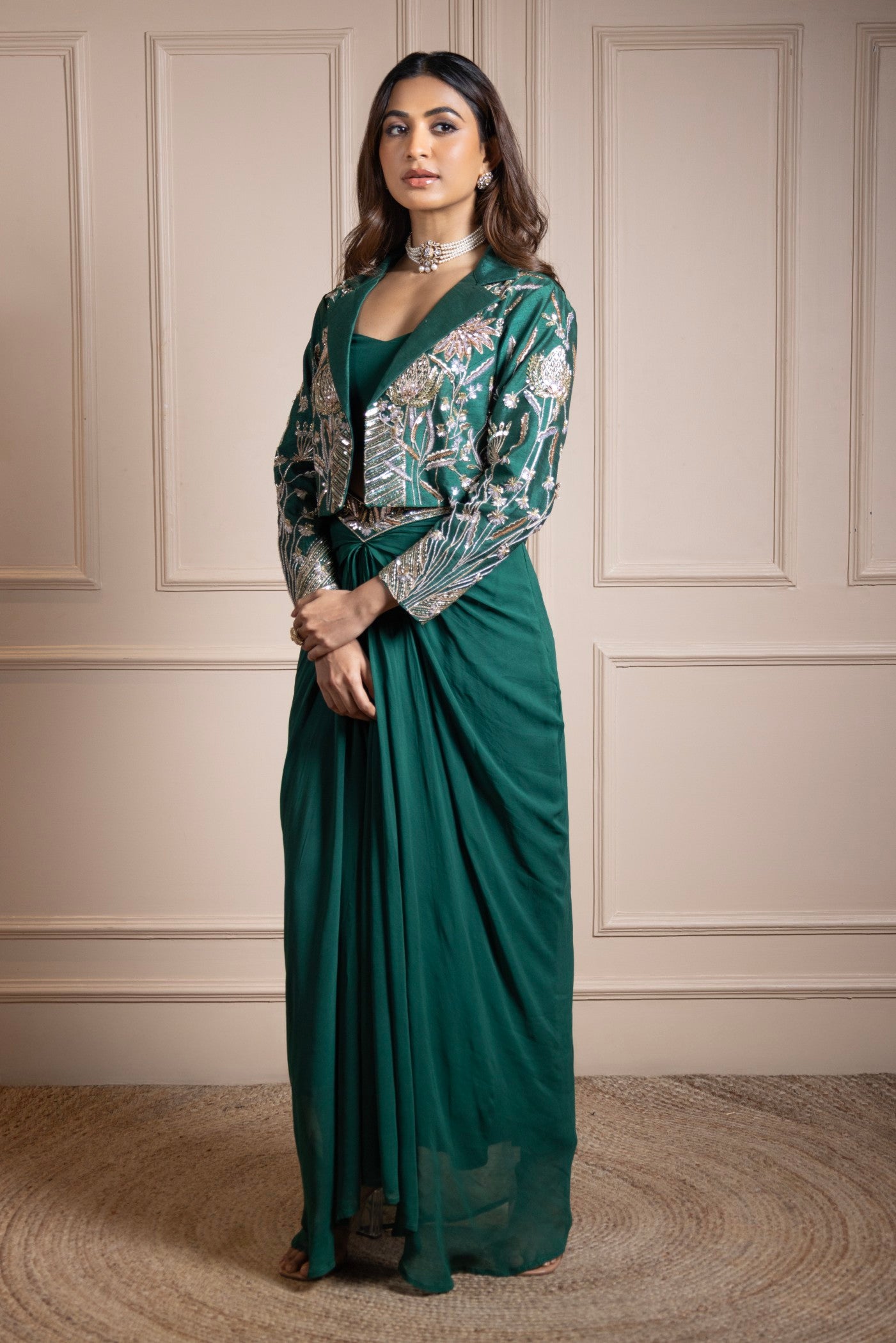 Emerald Enchanté Embroidered Jacket Ensemble