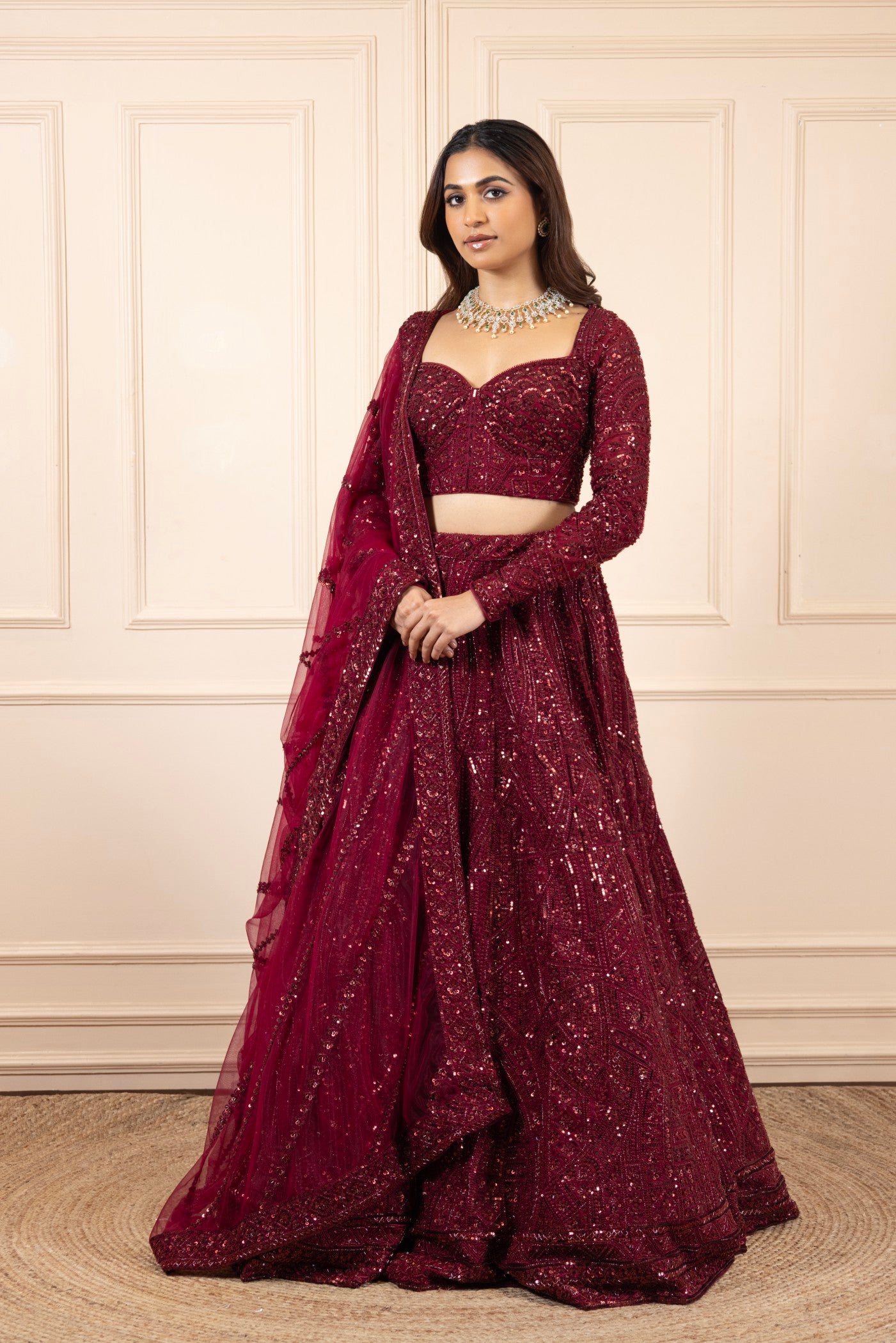 Regal Ruby Hand-Embroidered Bridal Lehenga Set (RTS)