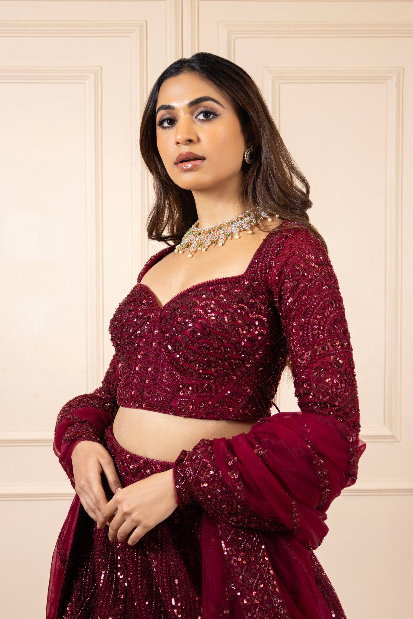 Regal Ruby Hand-Embroidered Bridal Lehenga Set