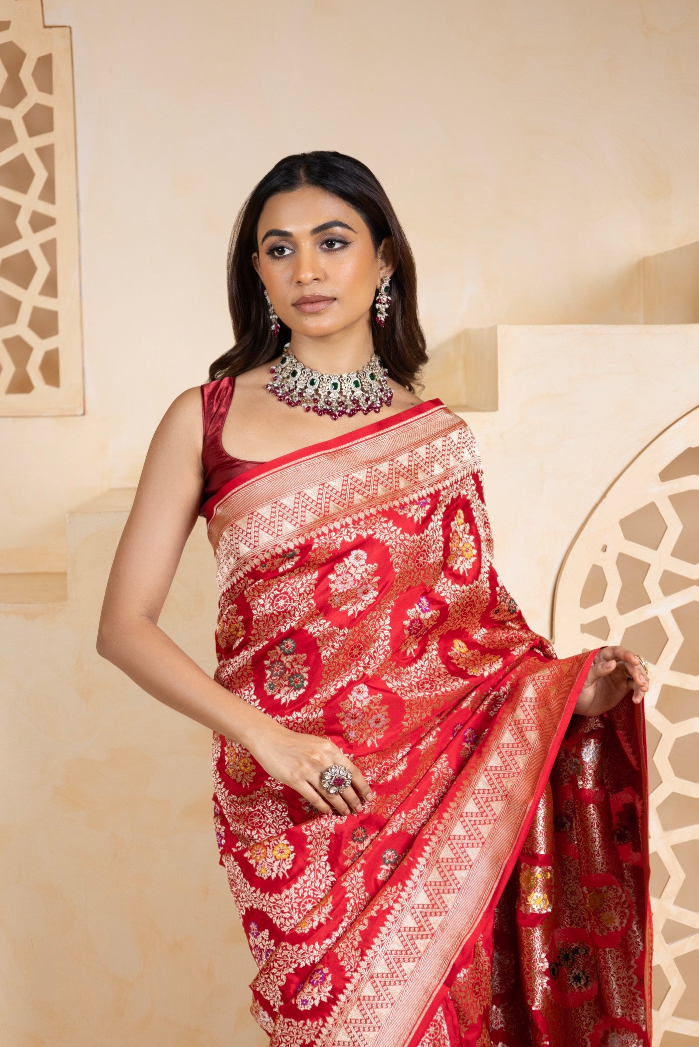 Regal Red Banarasi Silk Saree with Intricate Floral Zari Weaving