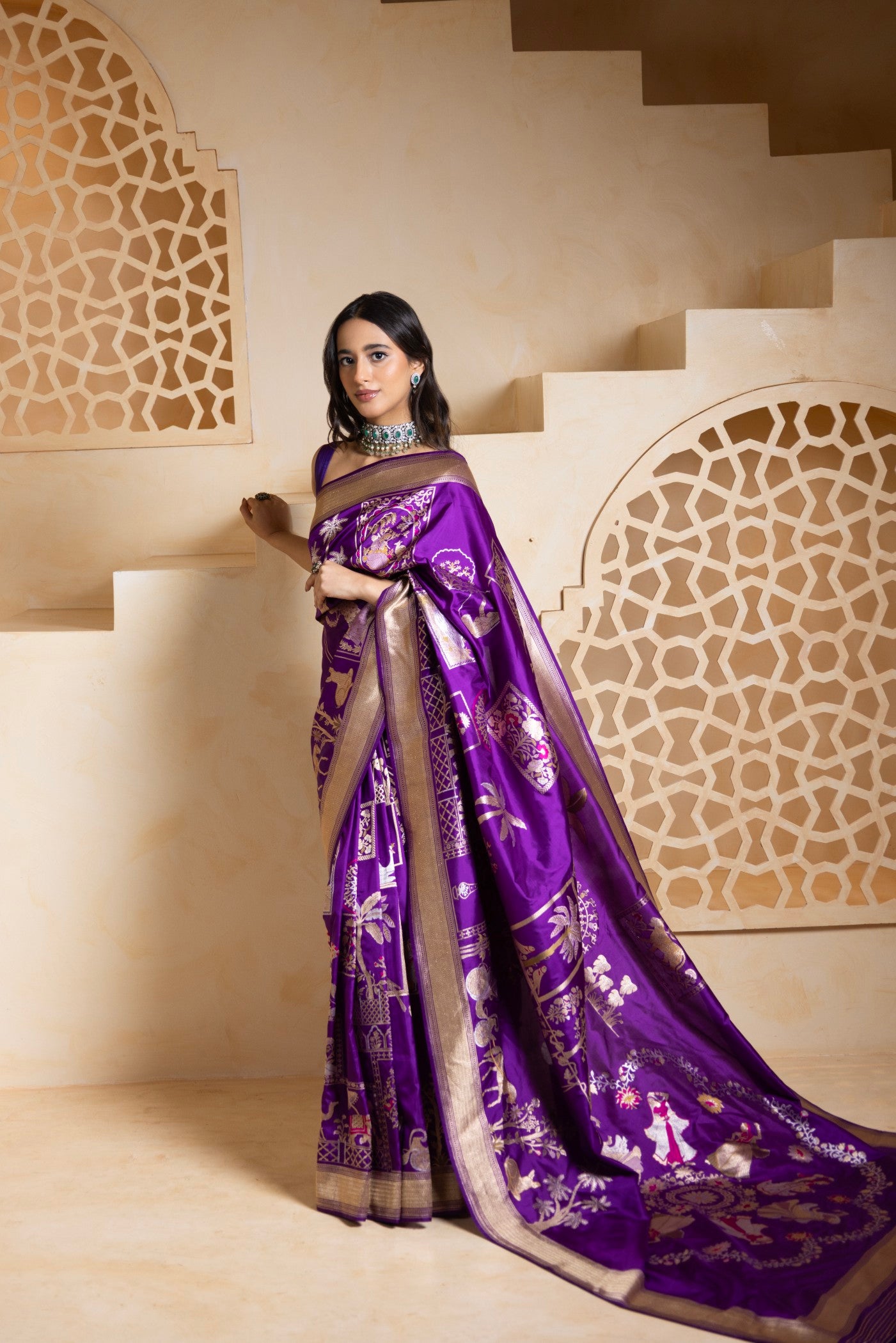 Royal Purple Banarasi Saree with Intricate Folk Motifs