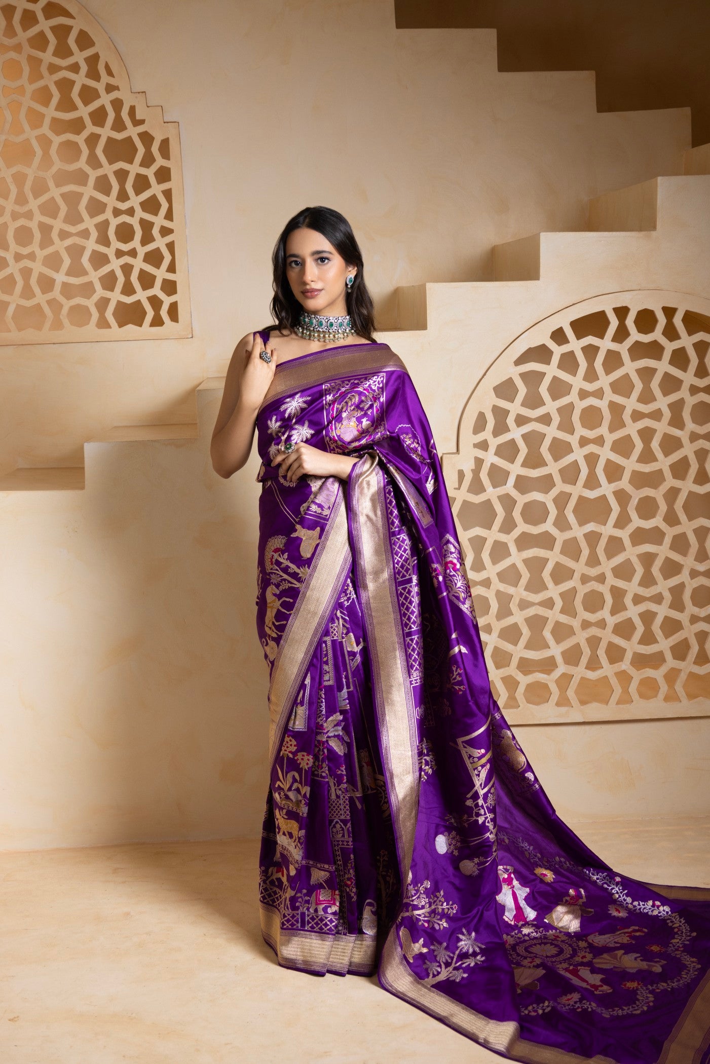Royal Purple Banarasi Saree with Intricate Folk Motifs
