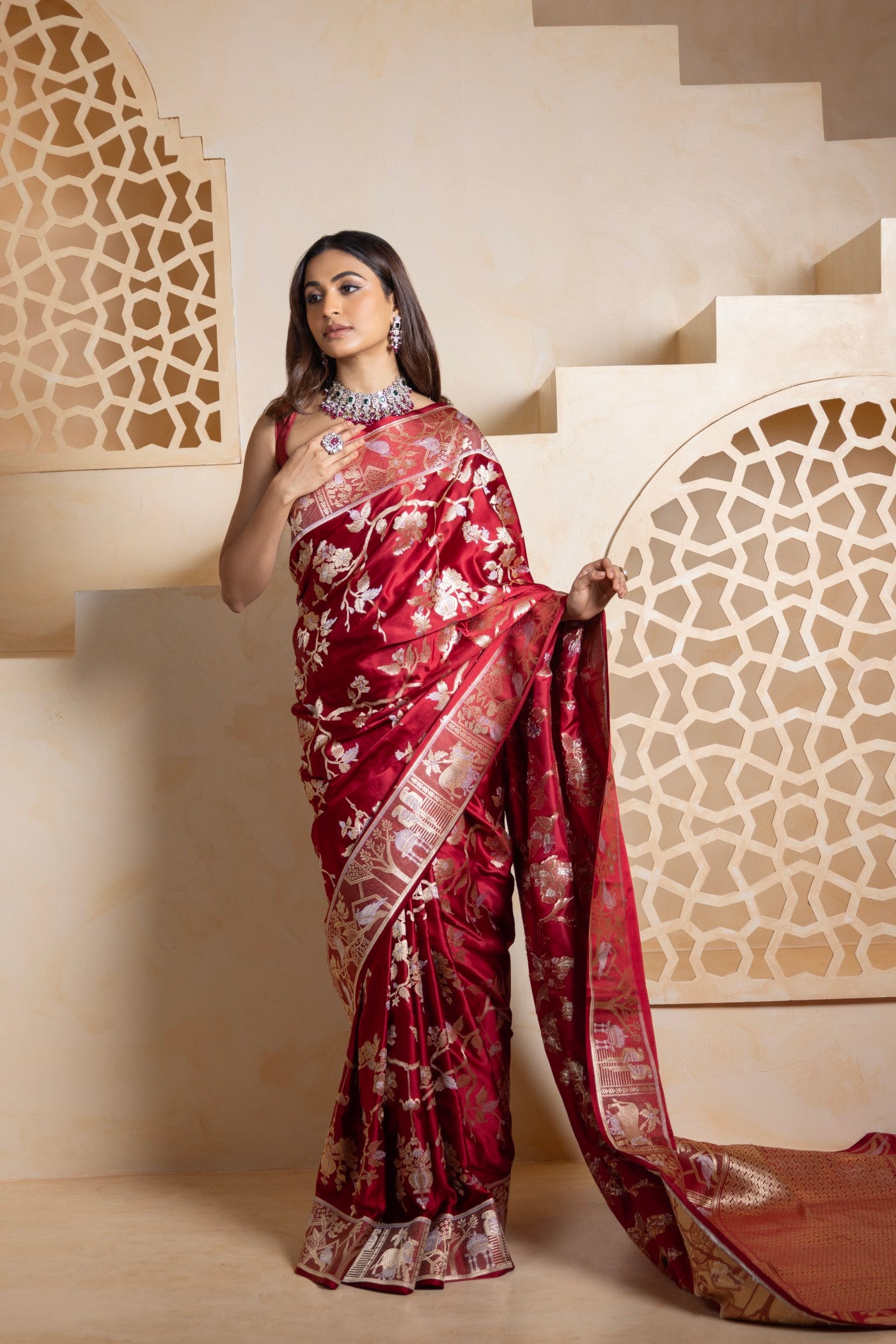 Regal Maroon Banarasi Saree with Golden Zari Floral and Folk Weave