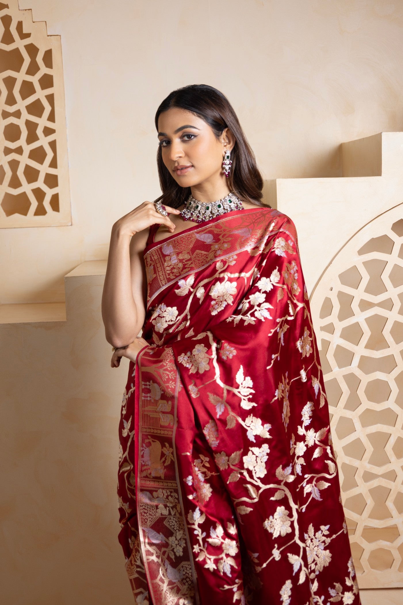 Regal Maroon Banarasi Saree with Golden Zari Floral and Folk Weave