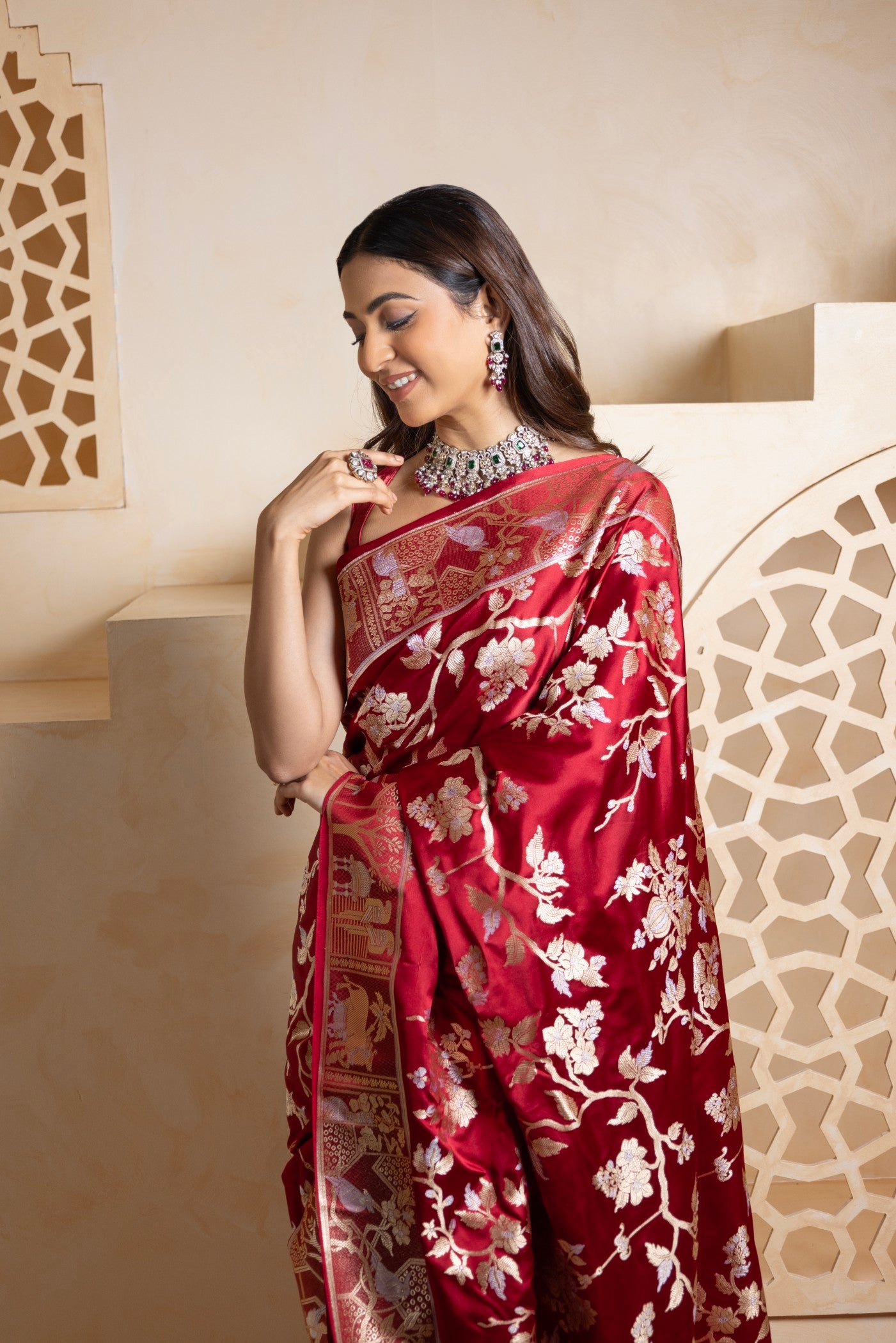 Regal Maroon Banarasi Saree with Golden Zari Floral and Folk Weave