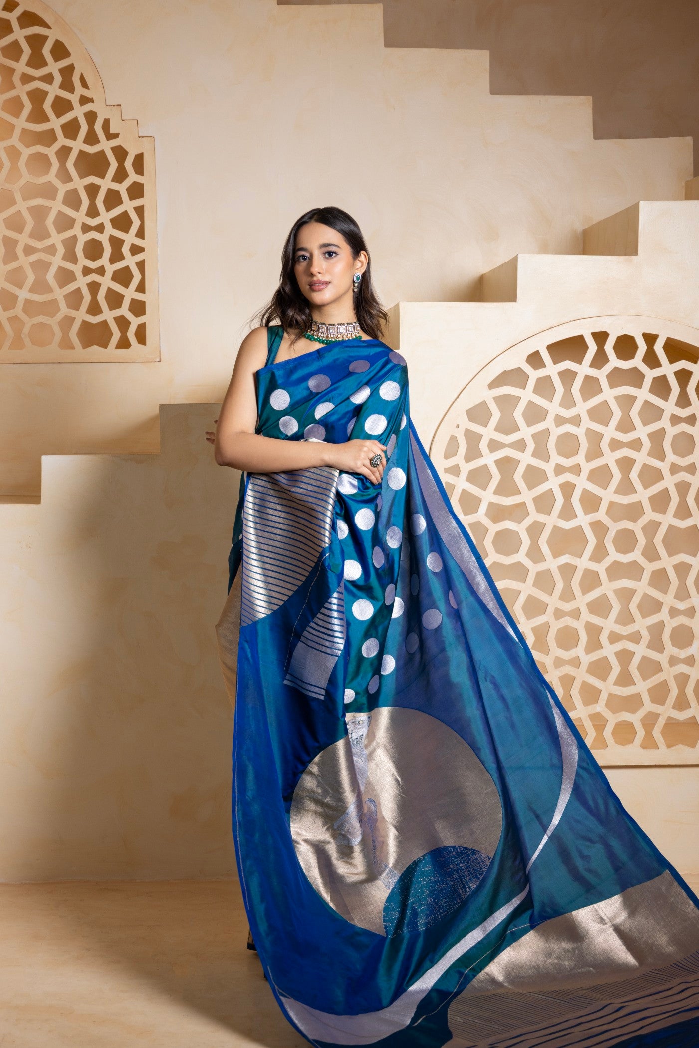 Midnight Blue Contemporary Silk Saree with Silver Bird Motif