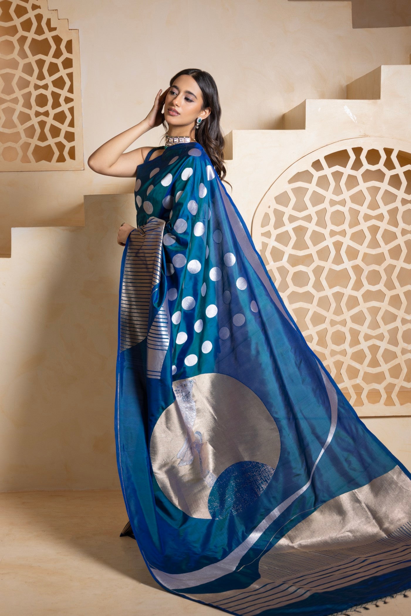 Midnight Blue Contemporary Silk Saree with Silver Bird Motif