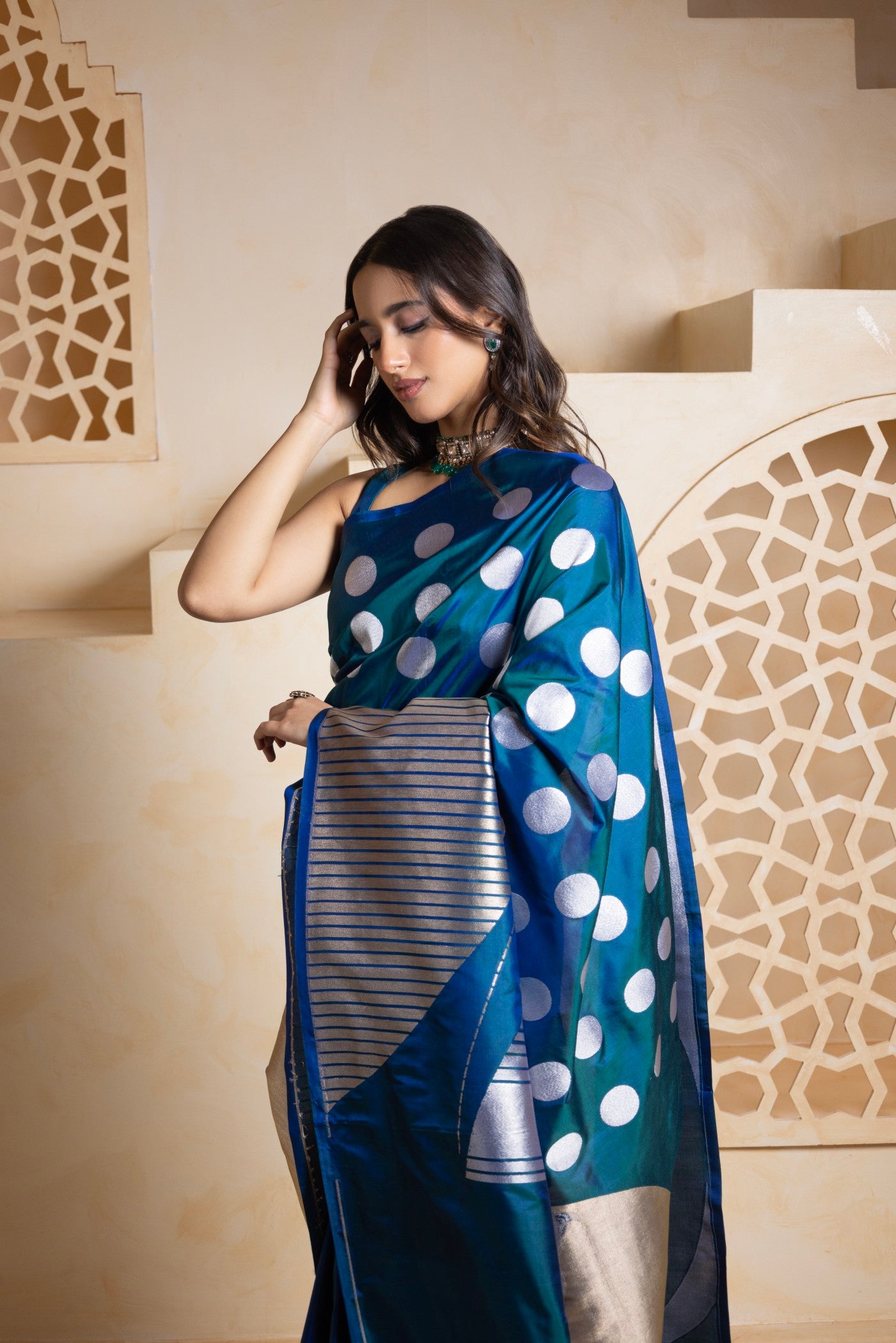 Midnight Blue Contemporary Silk Saree with Silver Bird Motif