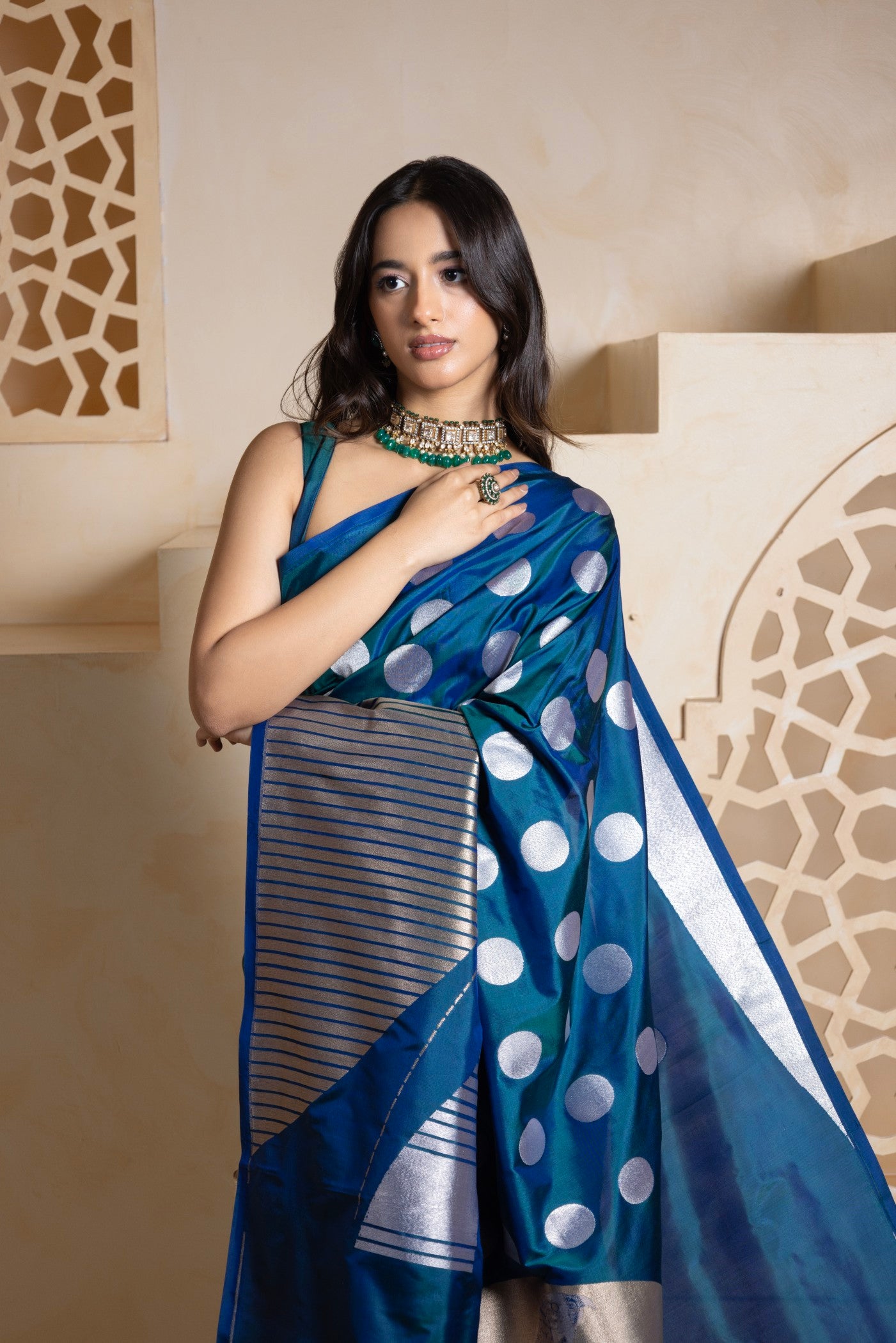 Midnight Blue Contemporary Silk Saree with Silver Bird Motif