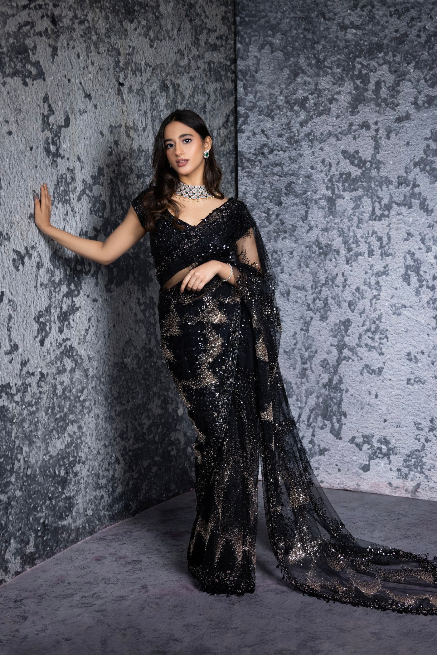 Midnight Noir Sequin Embellished Net Saree