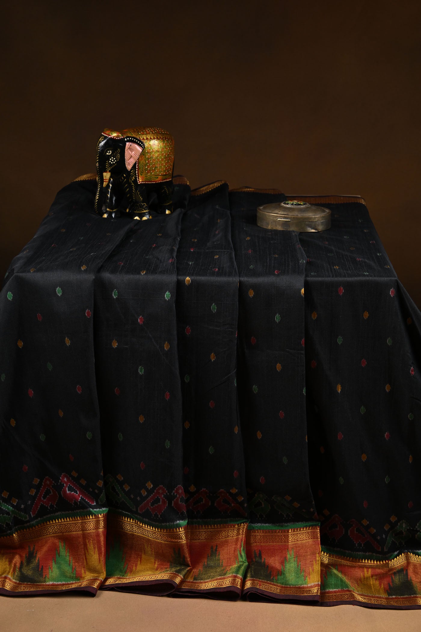 Black  Silk Cotton Saree With Multicolored Bird Motif And Temple Border.