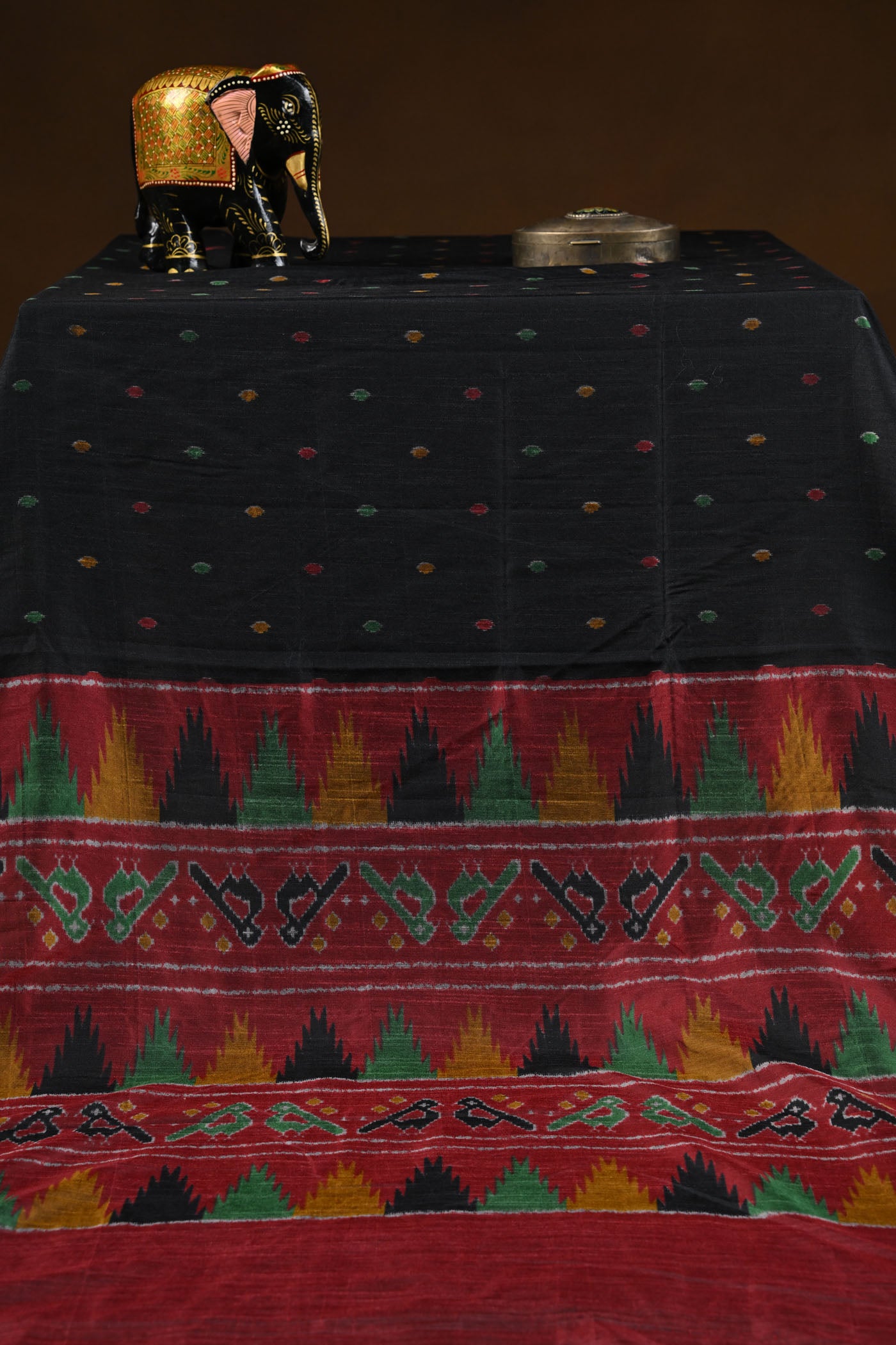 Black  Silk Cotton Saree With Multicolored Bird Motif And Temple Border.