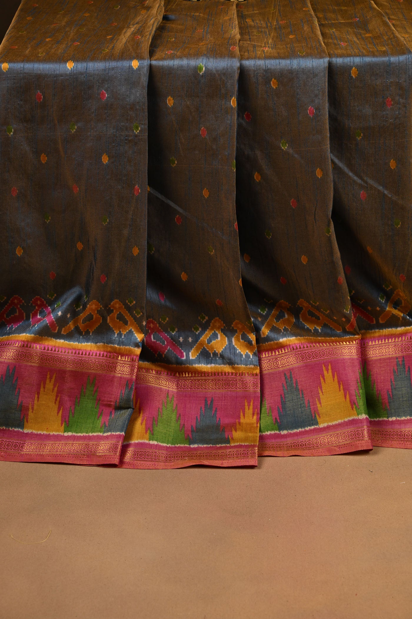 Navy Blue  Silk Cotton Saree With Multicolored Bird Motif And Temple Border.