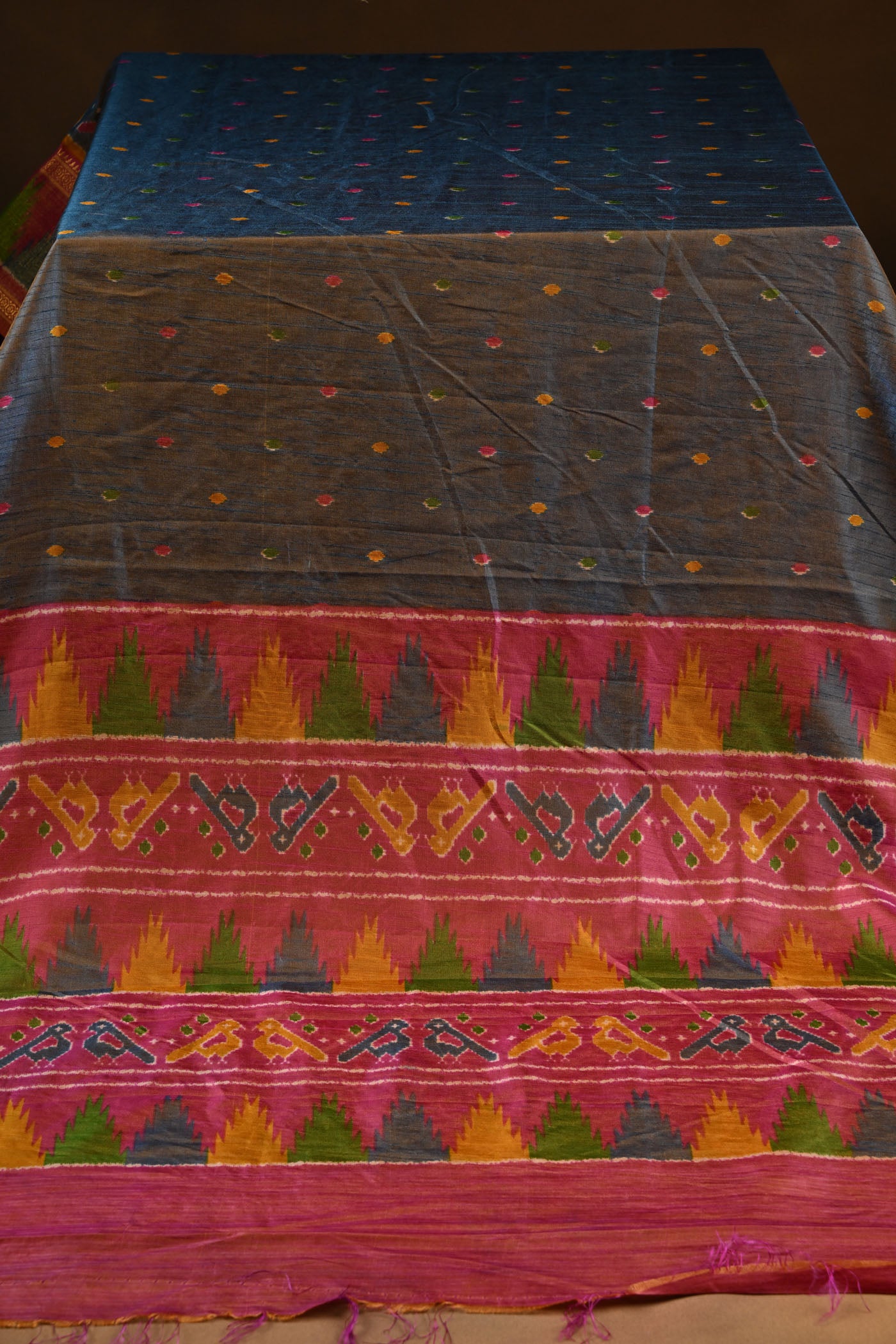 Navy Blue  Silk Cotton Saree With Multicolored Bird Motif And Temple Border.