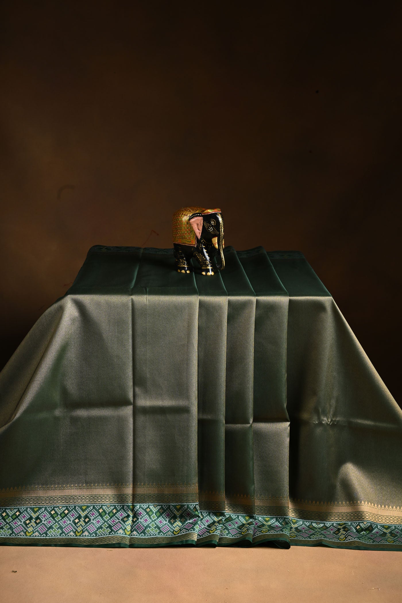 Olive Green Silk  Saree With Multicolour Geometric Pallu