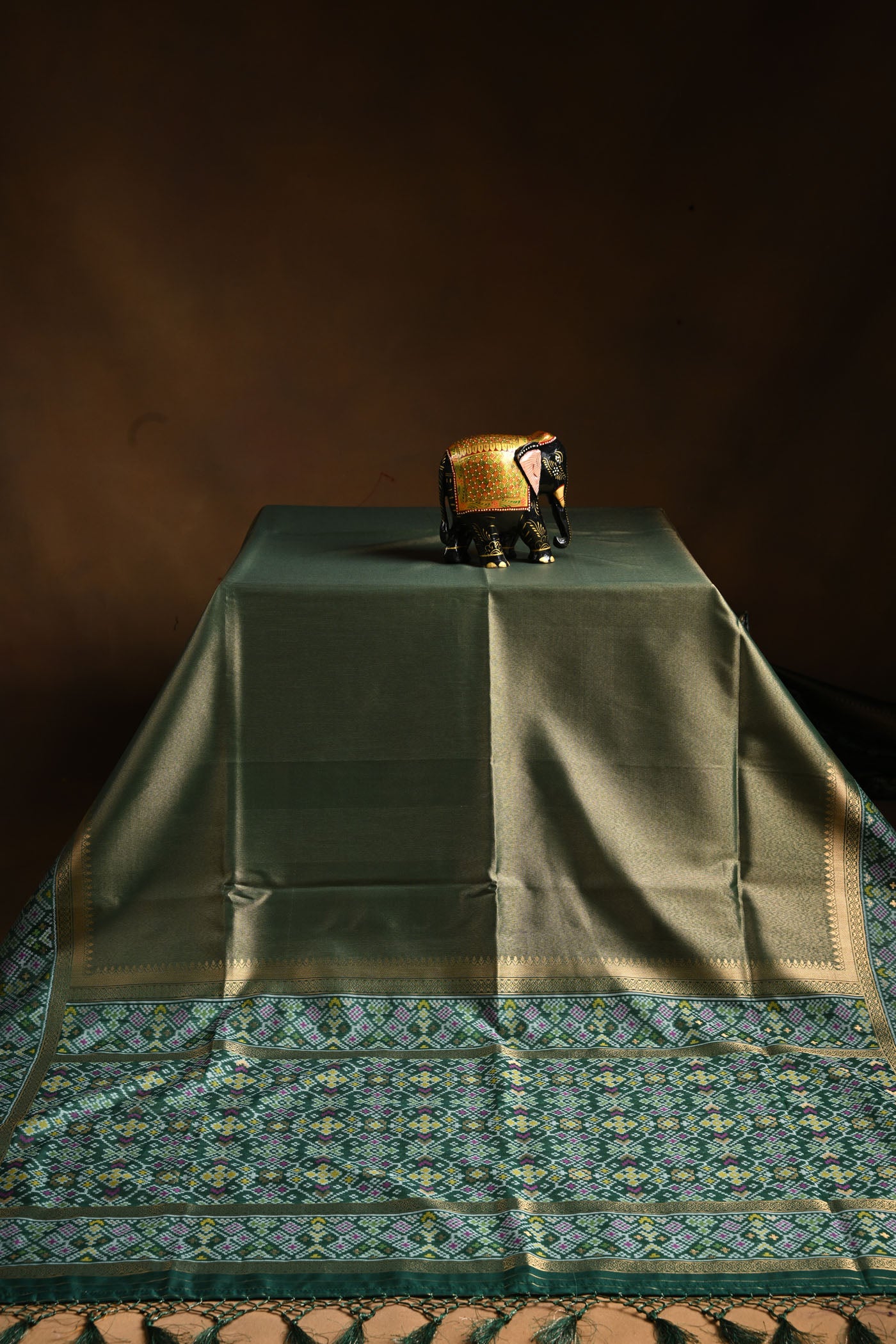 Olive Green Silk  Saree With Multicolour Geometric Pallu