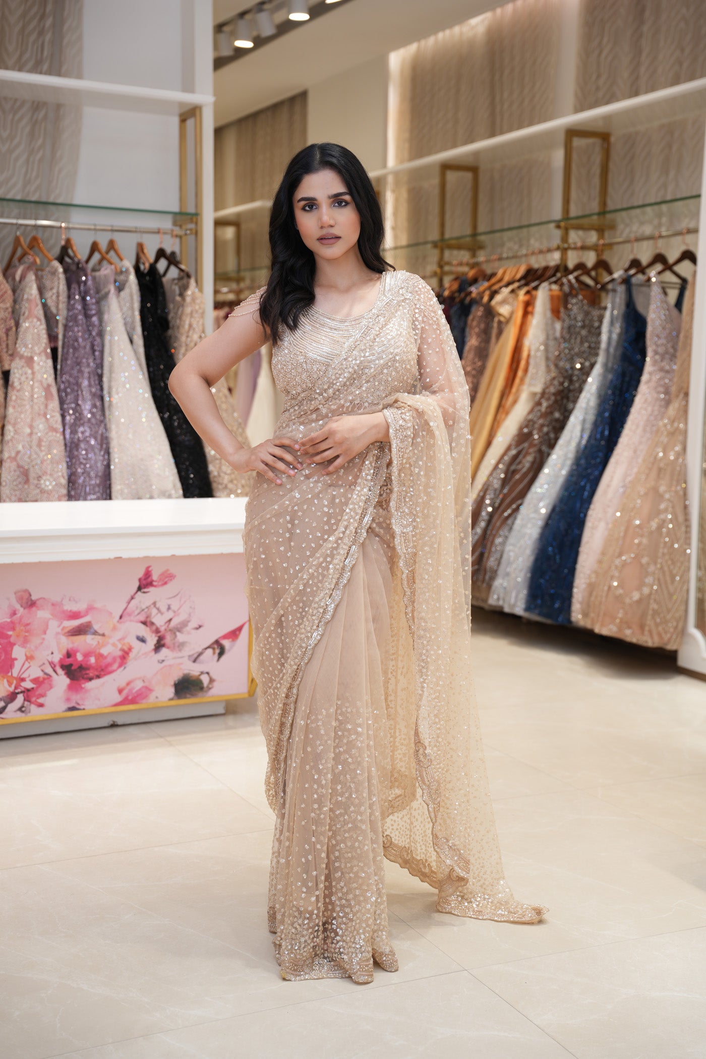Champagne Gold Net Saree with Heavy Sequins & Embellished Blouse