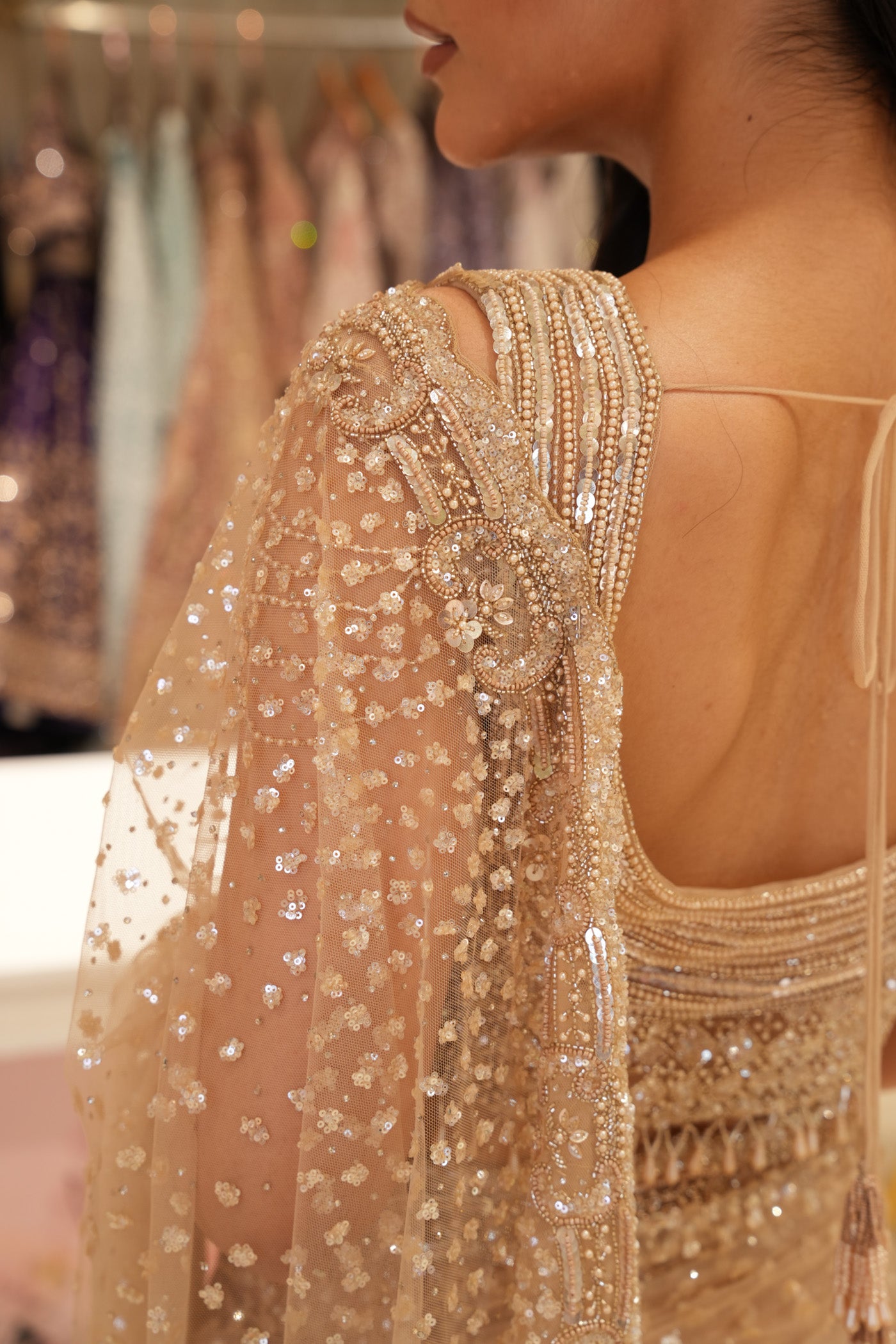 Champagne Gold Net Saree with Heavy Sequins & Embellished Blouse