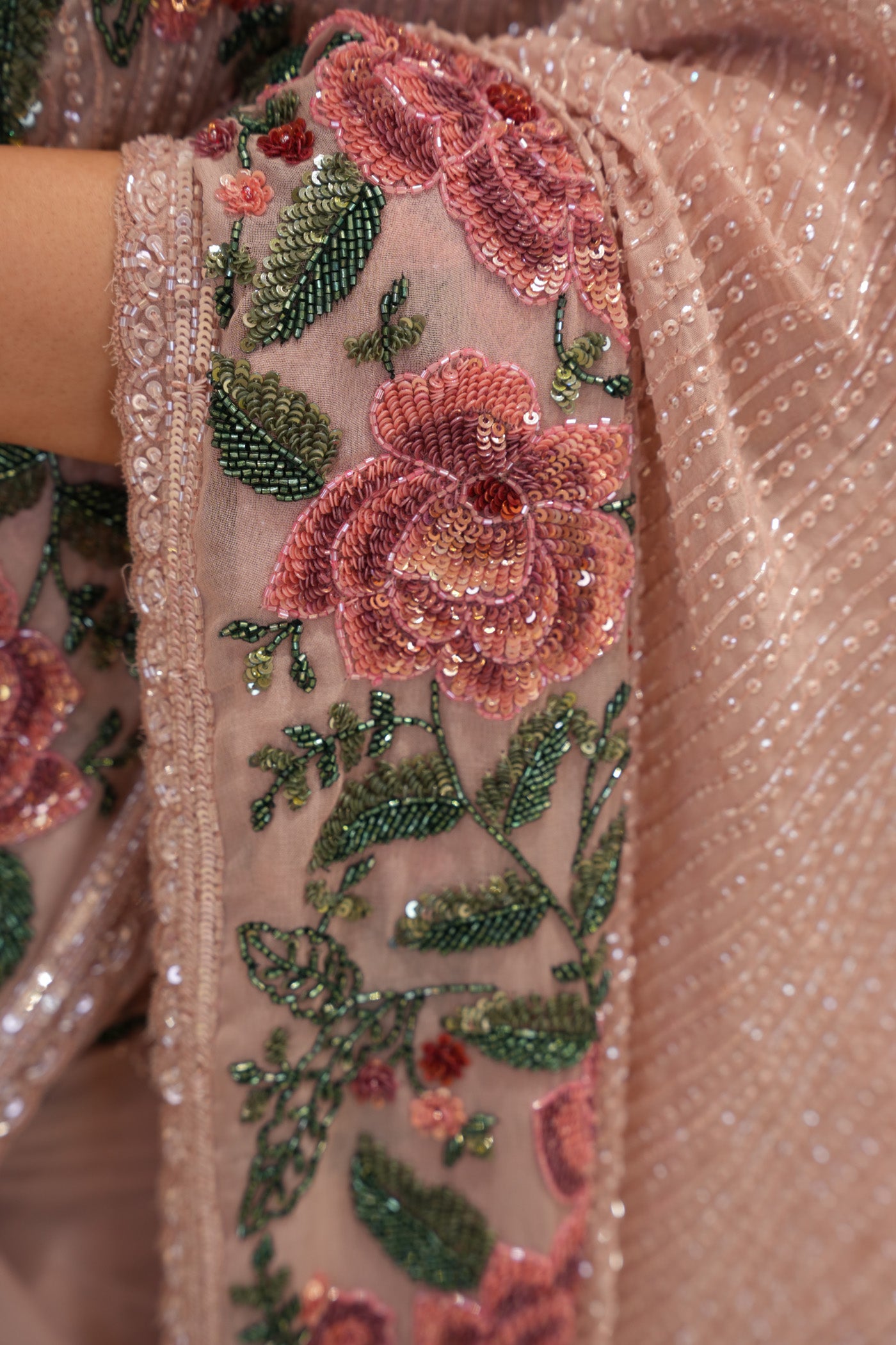 Blush Pink Georgette Saree with Heavy Floral Sequins Embroidery